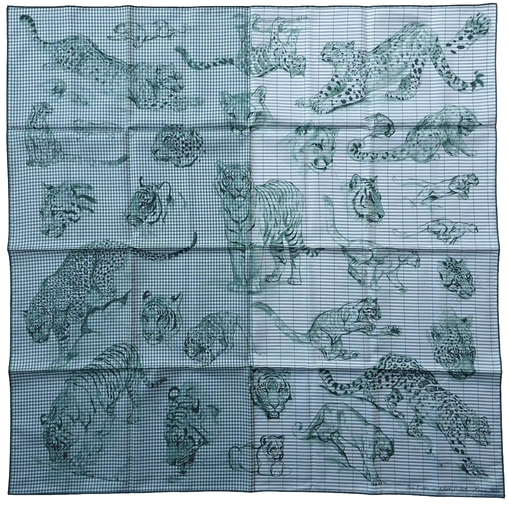 hermes dans l atelier de robert dallet silk scarf green white sketches big cats
