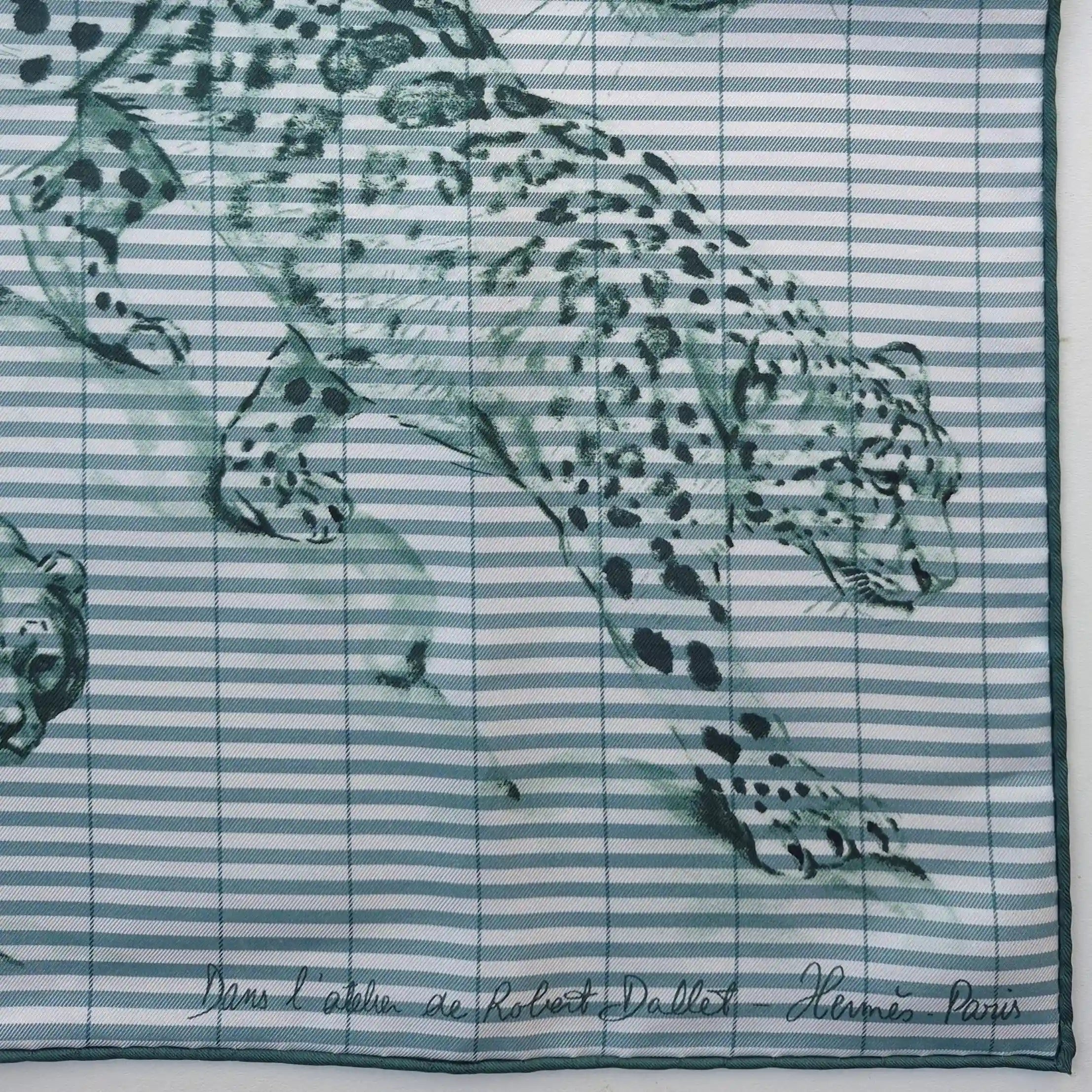 hermes dans l atelier de robert dallet silk scarf green white sketches big cats detail