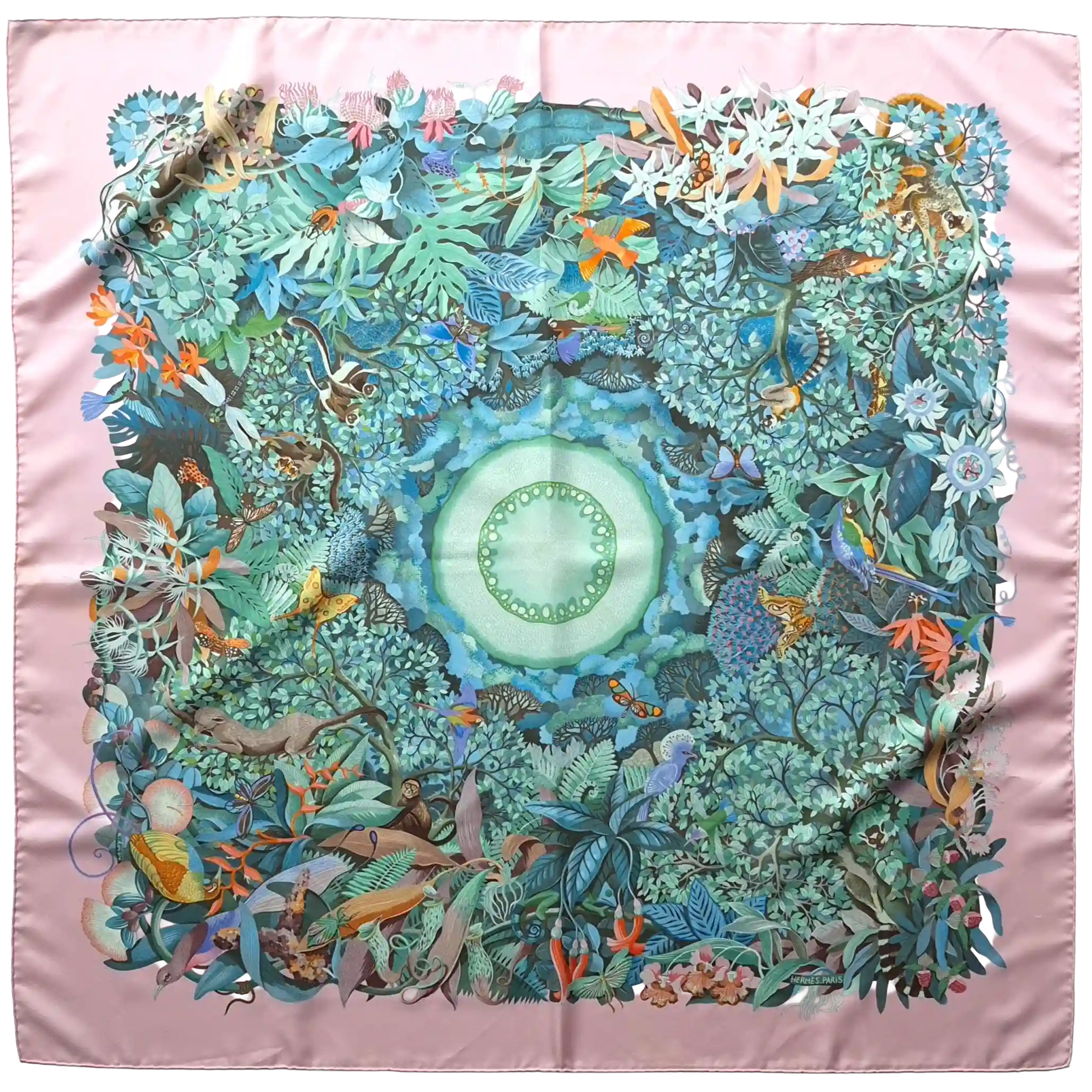 Hermès Au Cœur de la Vie silk scarf by Aline Honoré – pink and celadon colorway – lush botanical pattern with exotic birds, tropical foliage and central medallion