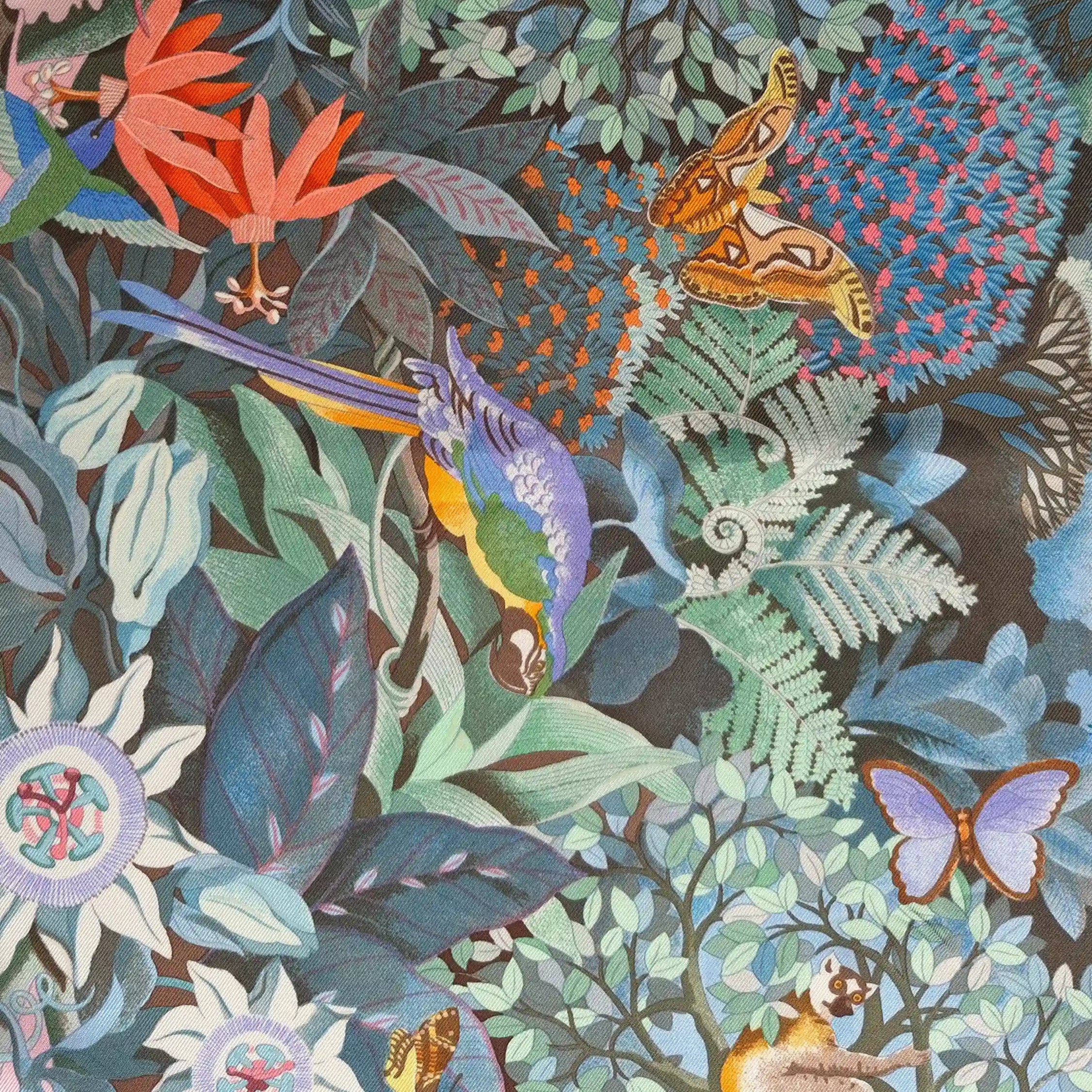 Hermès Au Cœur de la Vie silk scarf by Aline Honoré – pink and celadon colorway – lush botanical pattern with exotic birds, tropical foliage and central medallion detail