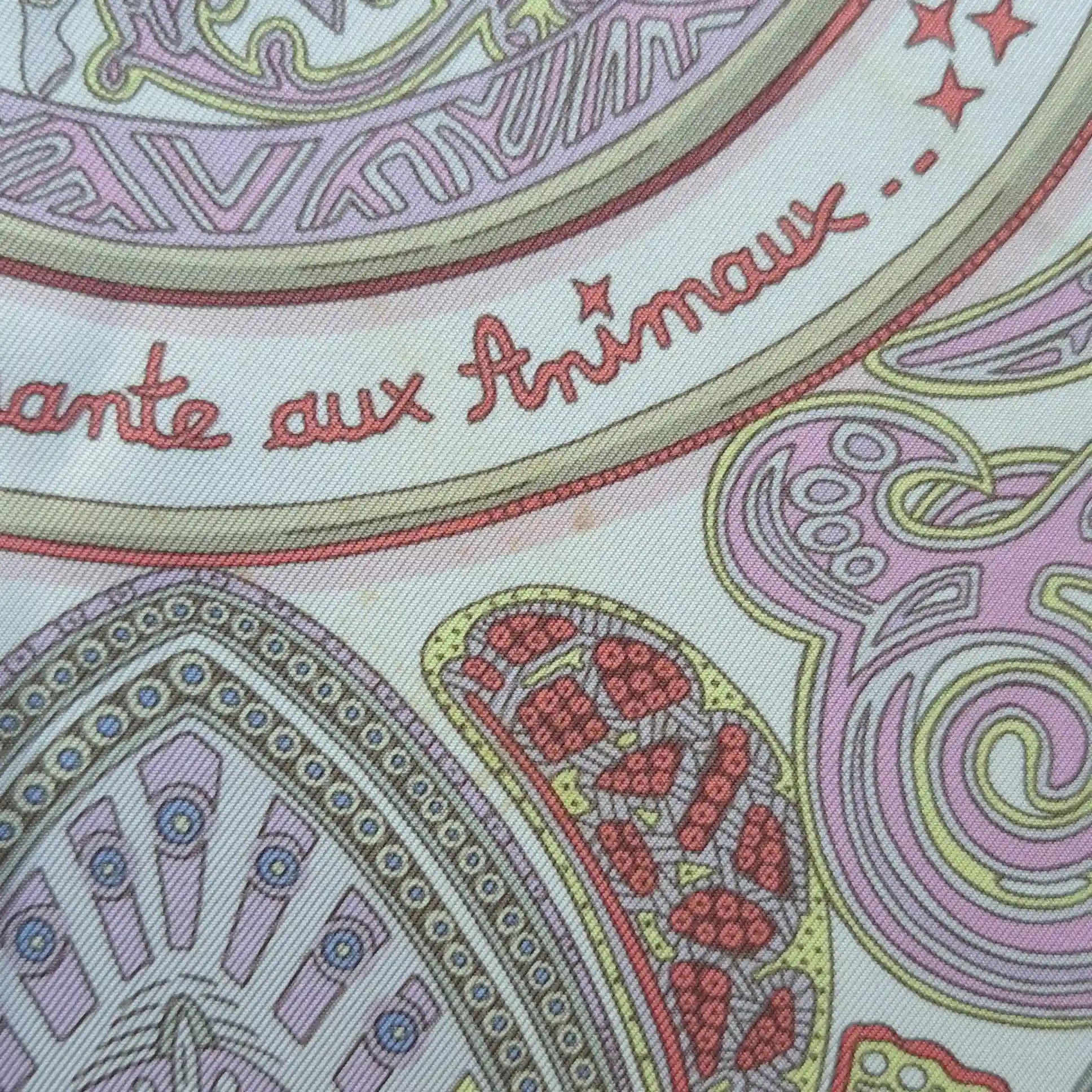 hermes la charmante aux animaux annie faivre silk scarf white pink medieval animals detail