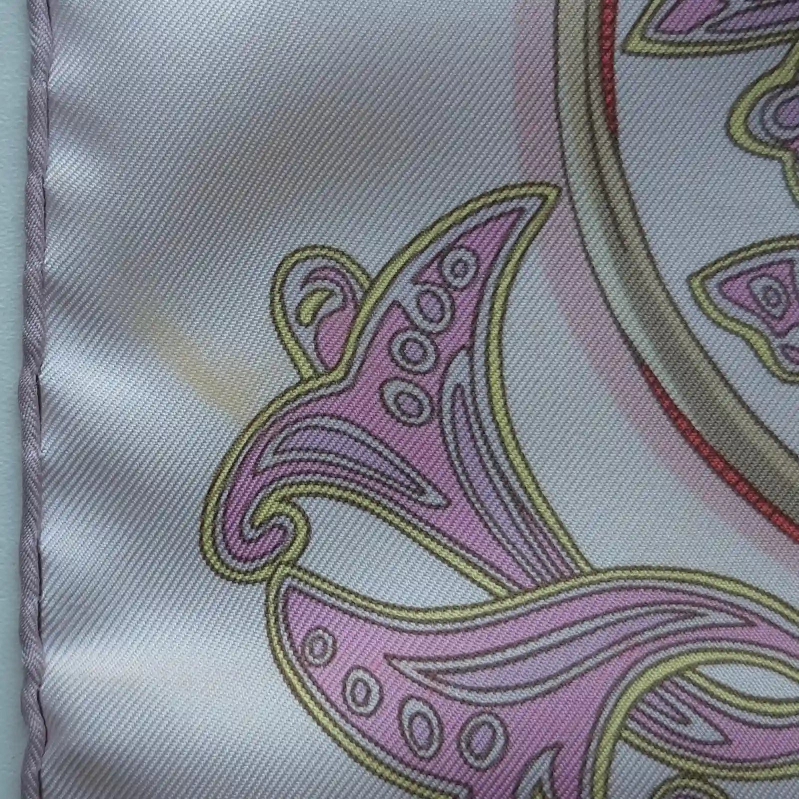 hermes la charmante aux animaux annie faivre silk scarf white pink medieval animals detail
