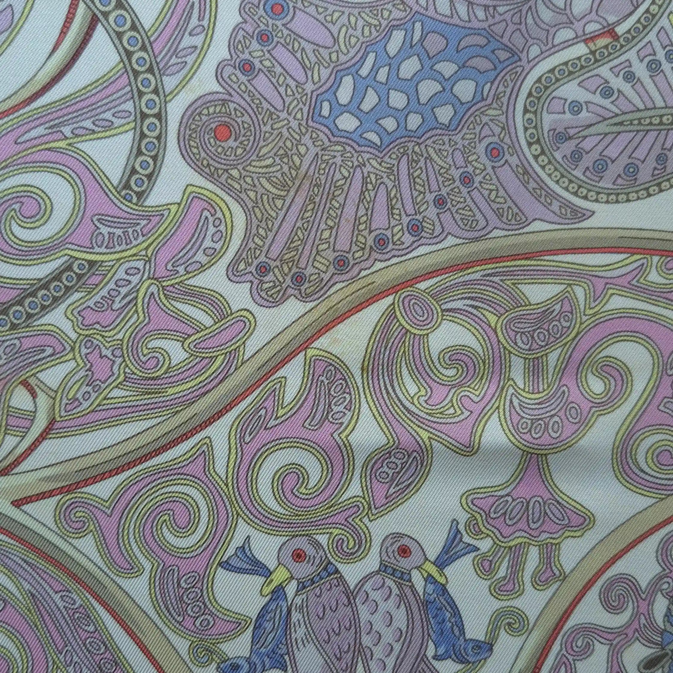 hermes la charmante aux animaux annie faivre silk scarf white pink medieval animals detail