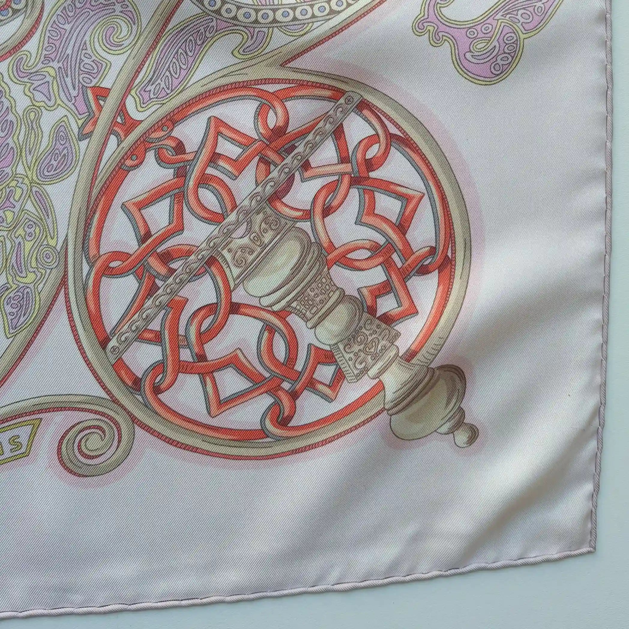 hermes la charmante aux animaux annie faivre silk scarf white pink medieval animals detail