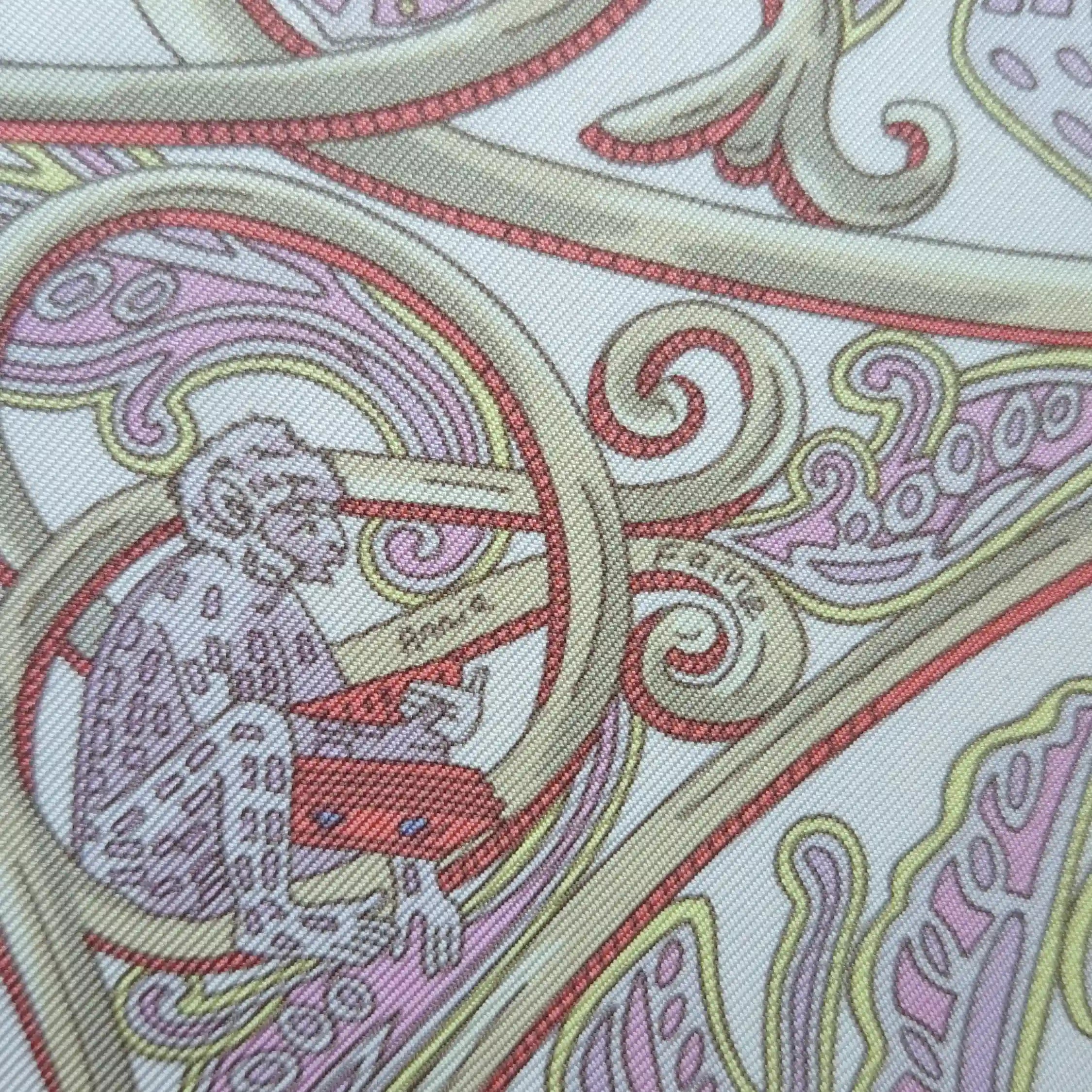 hermes la charmante aux animaux annie faivre silk scarf white pink medieval animals detail