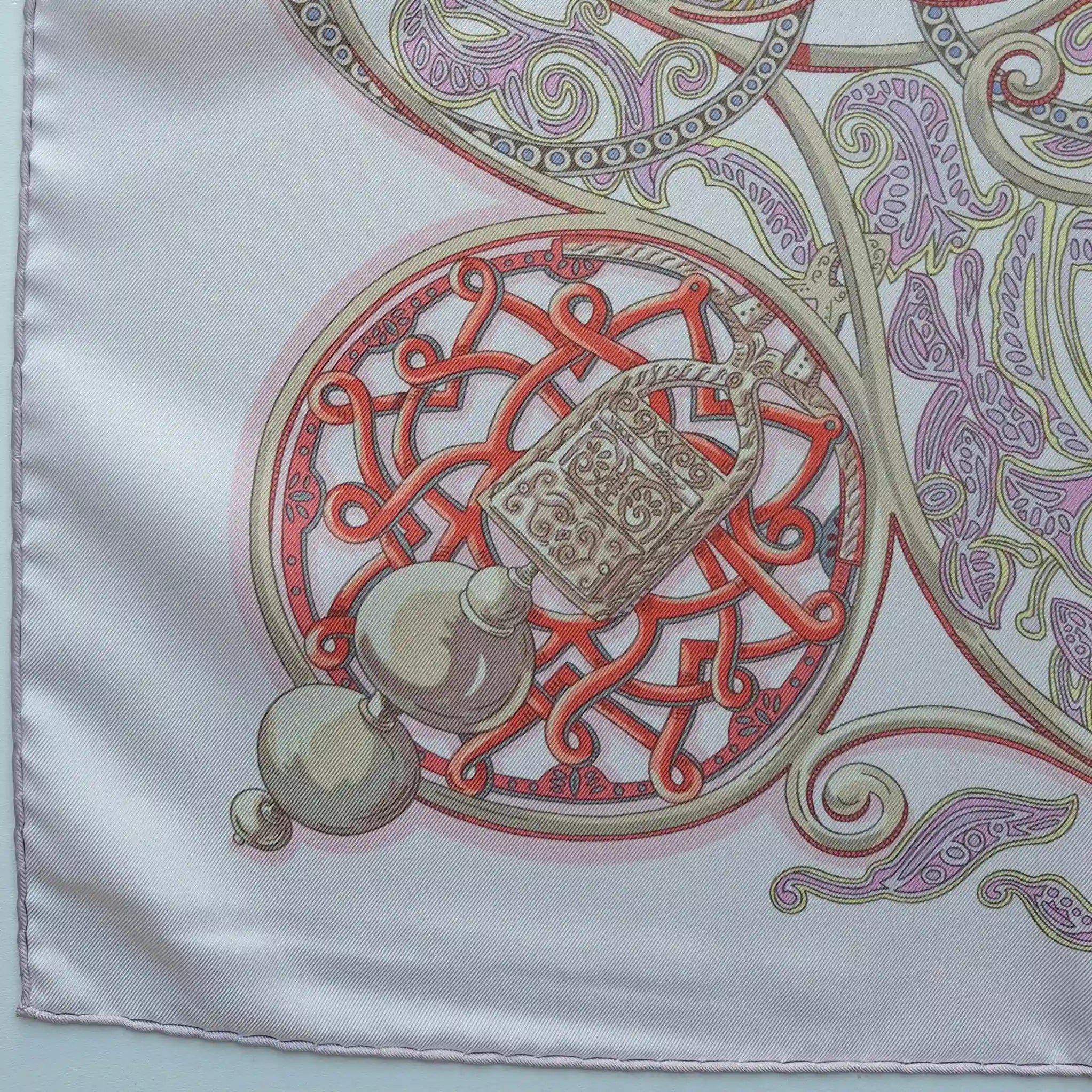 hermes la charmante aux animaux annie faivre silk scarf white pink medieval animals detail