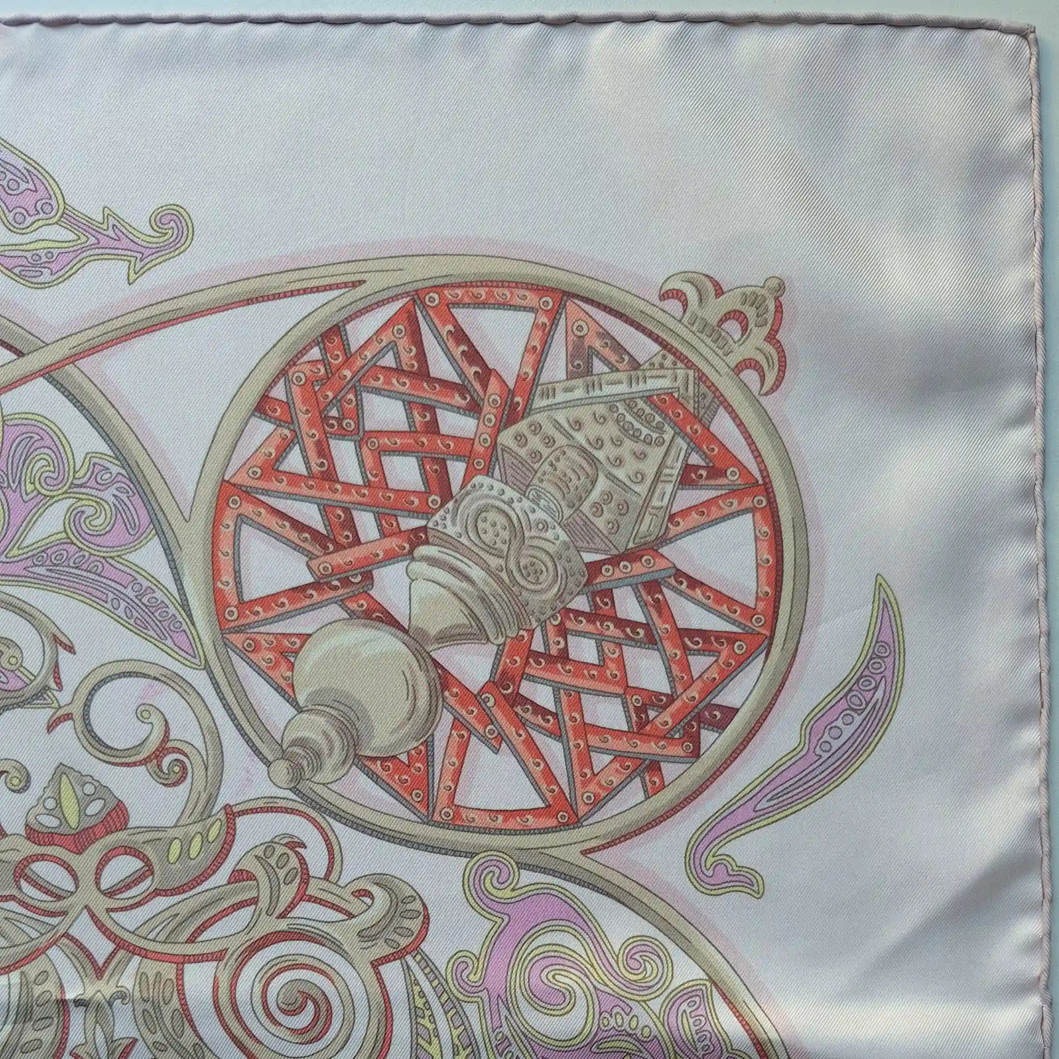 hermes la charmante aux animaux annie faivre silk scarf white pink medieval animals detail