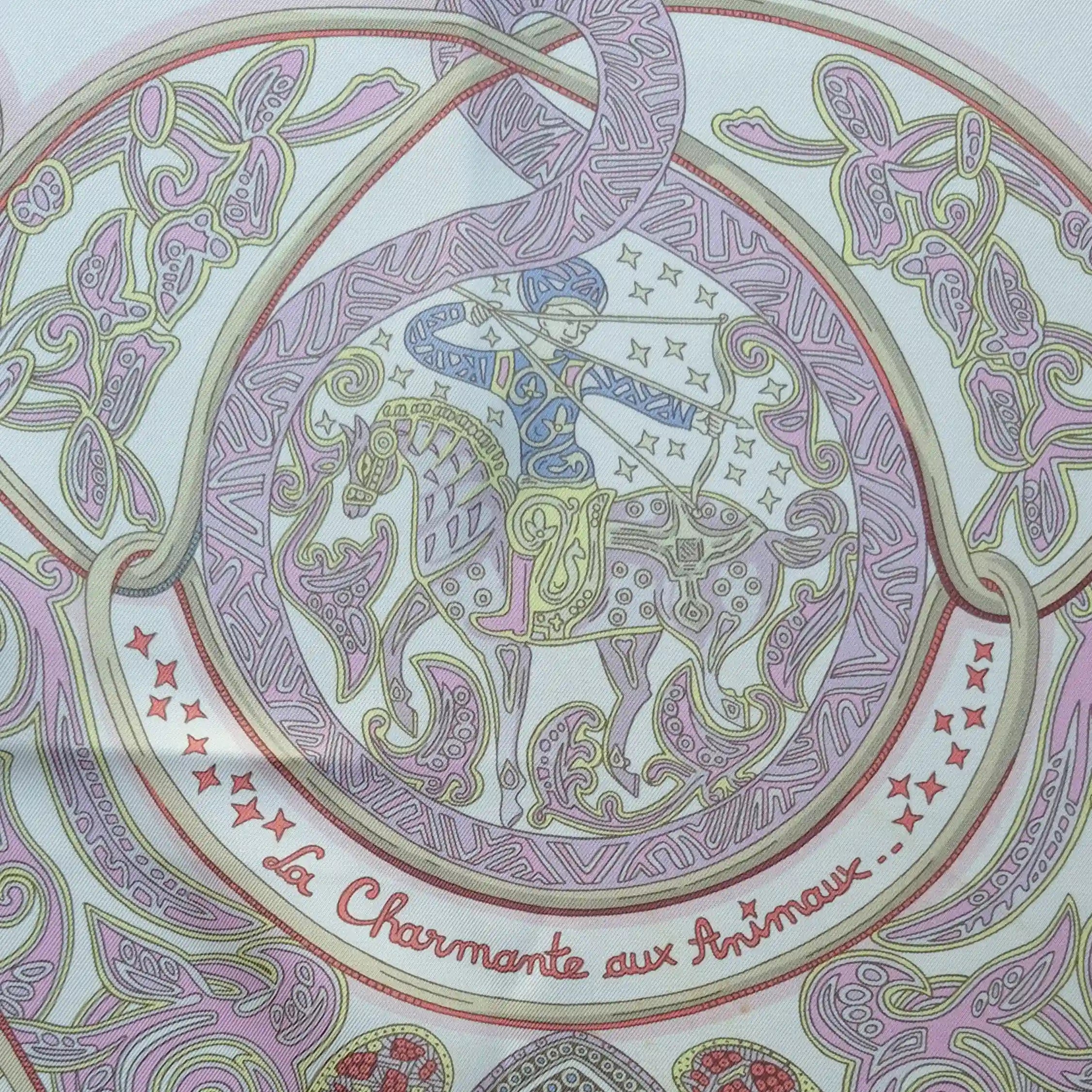 hermes la charmante aux animaux annie faivre silk scarf white pink medieval animals detail