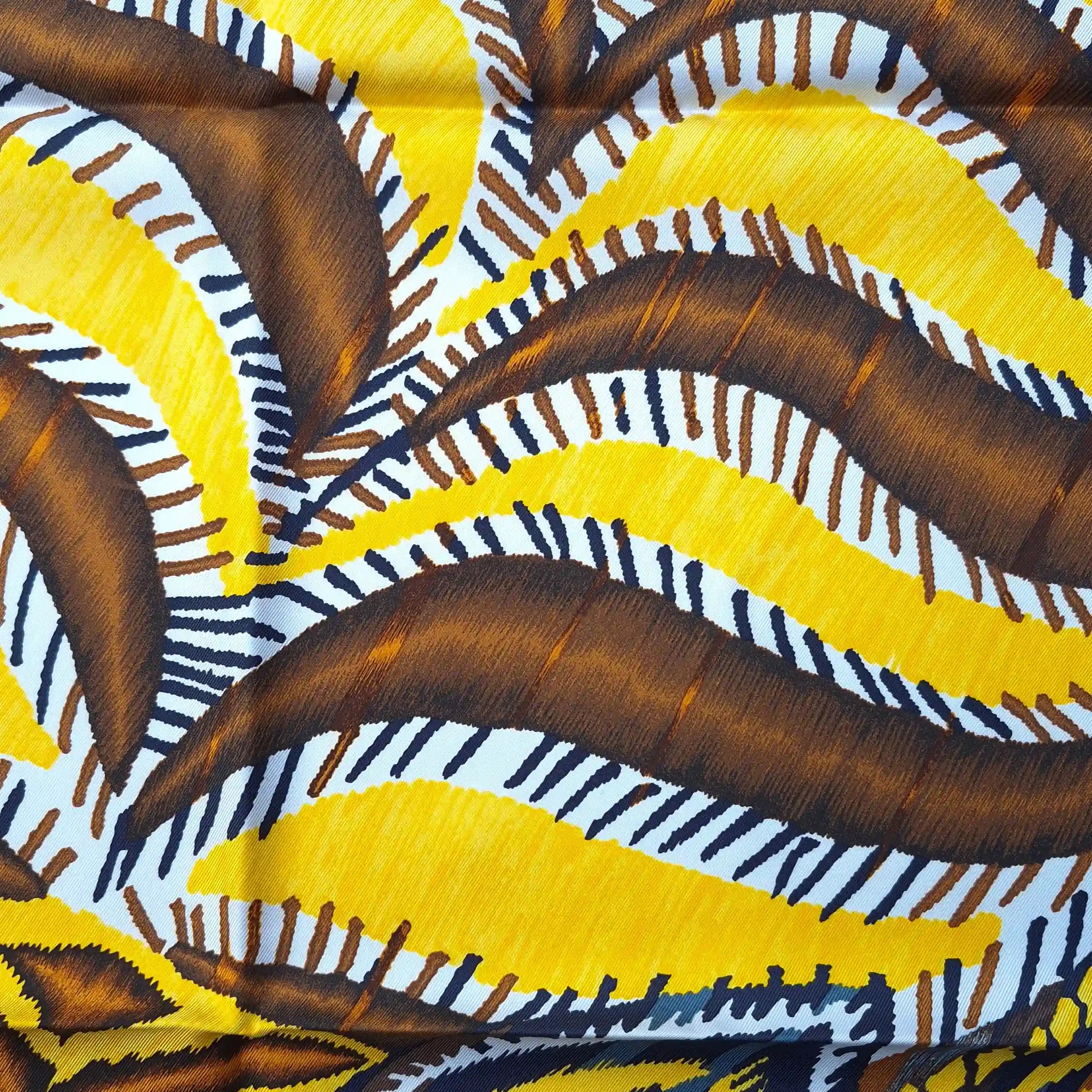 hermes le chat carre florence manlik silk scarf yellow brown tiger cat graphic detail