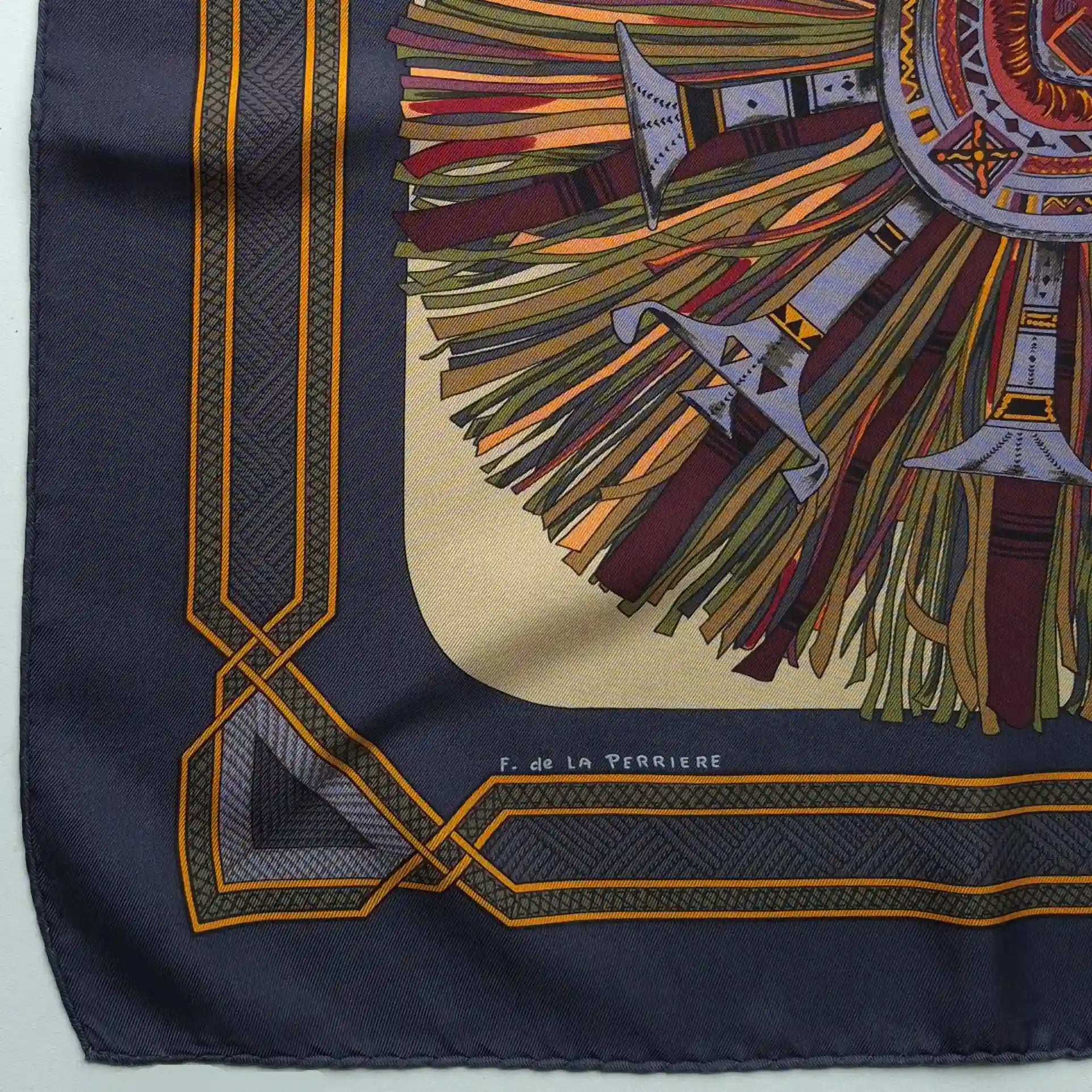 hermes cuirs du desert francoise de la perriere silk scarf beige navy desert leather detail