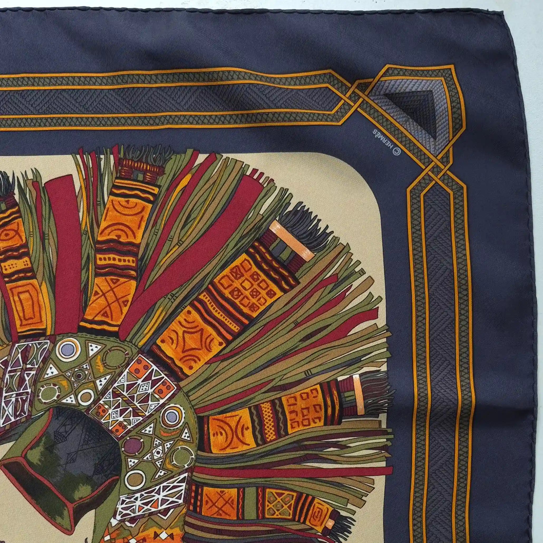 hermes cuirs du desert francoise de la perriere silk scarf beige navy desert leather detail