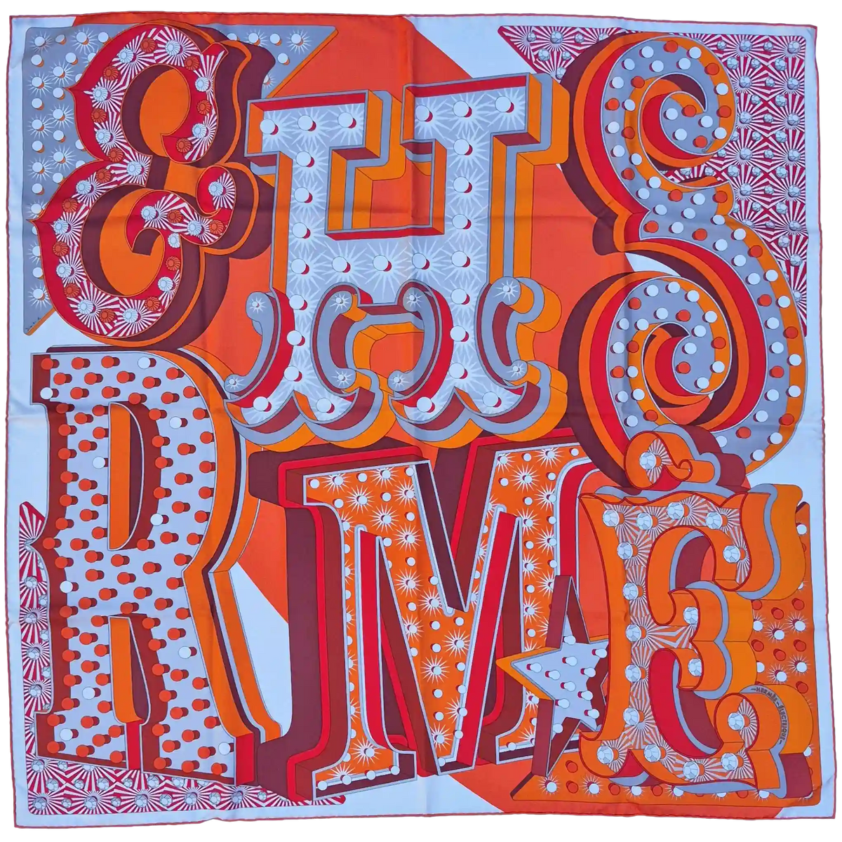 hermes electrique dimitri rybaltchenko silk scarf orange red white pop art typography