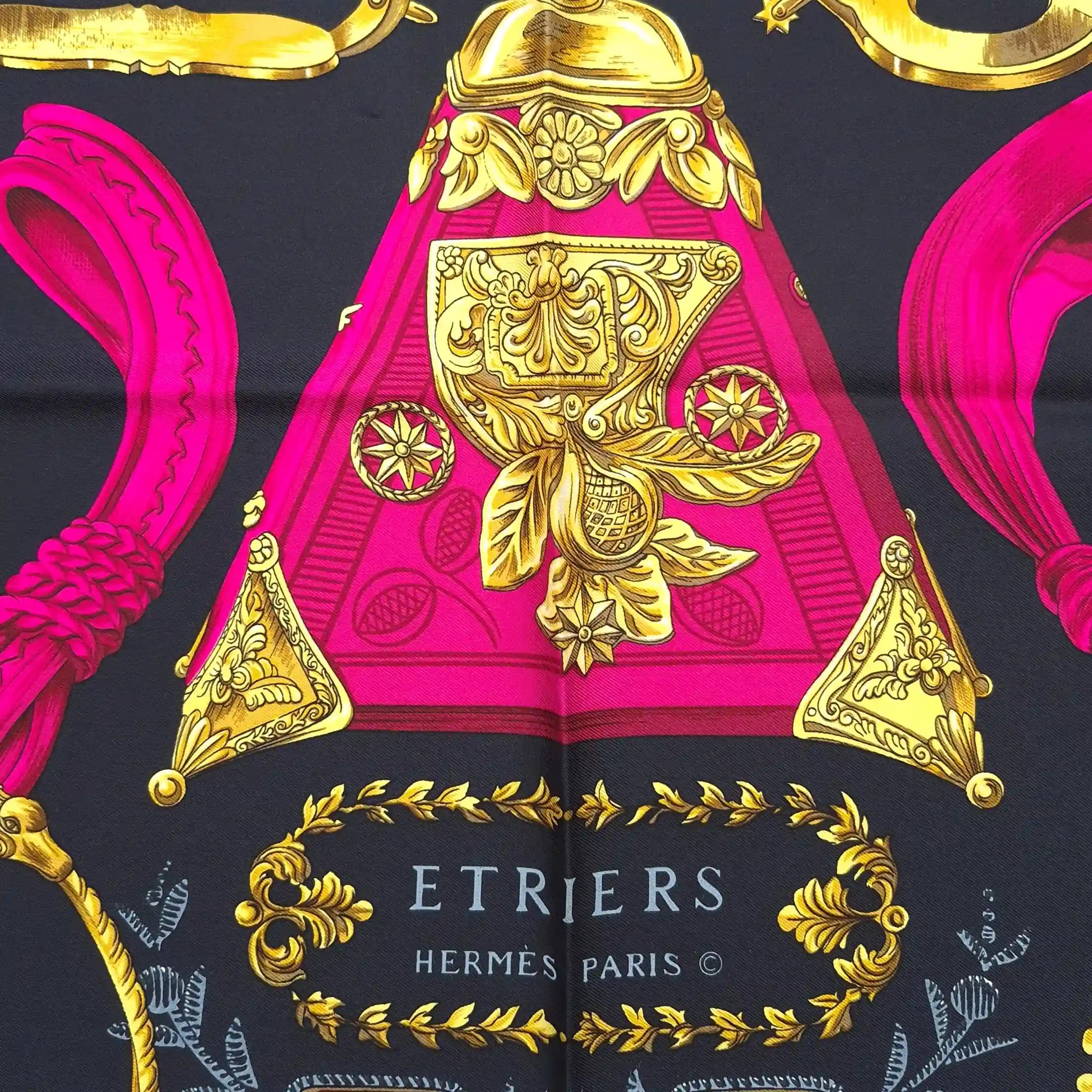 hermes etriers francoise de la perriere silk scarf black pink gold stirrups equestrian