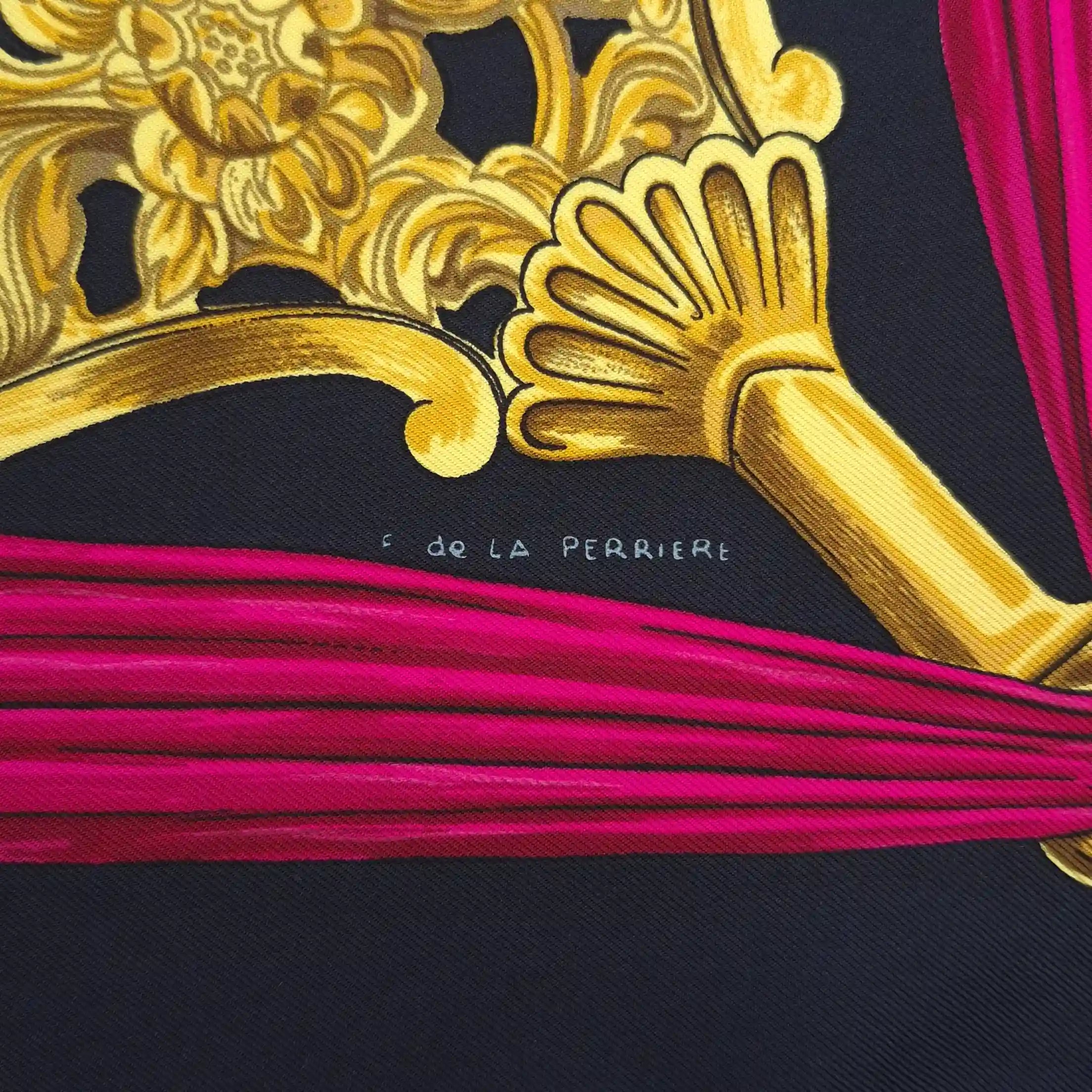 hermes etriers francoise de la perriere silk scarf black pink gold stirrups equestrian