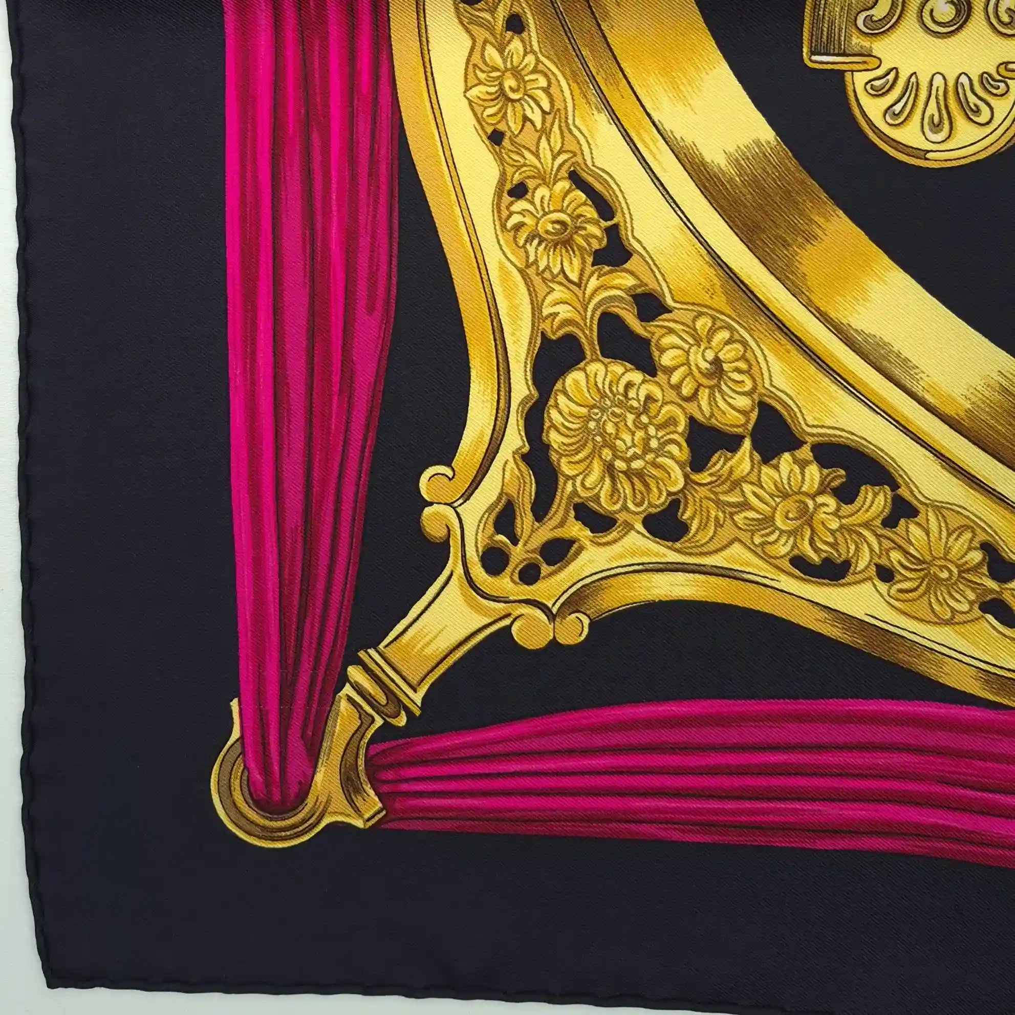hermes etriers francoise de la perriere silk scarf black pink gold stirrups equestrian