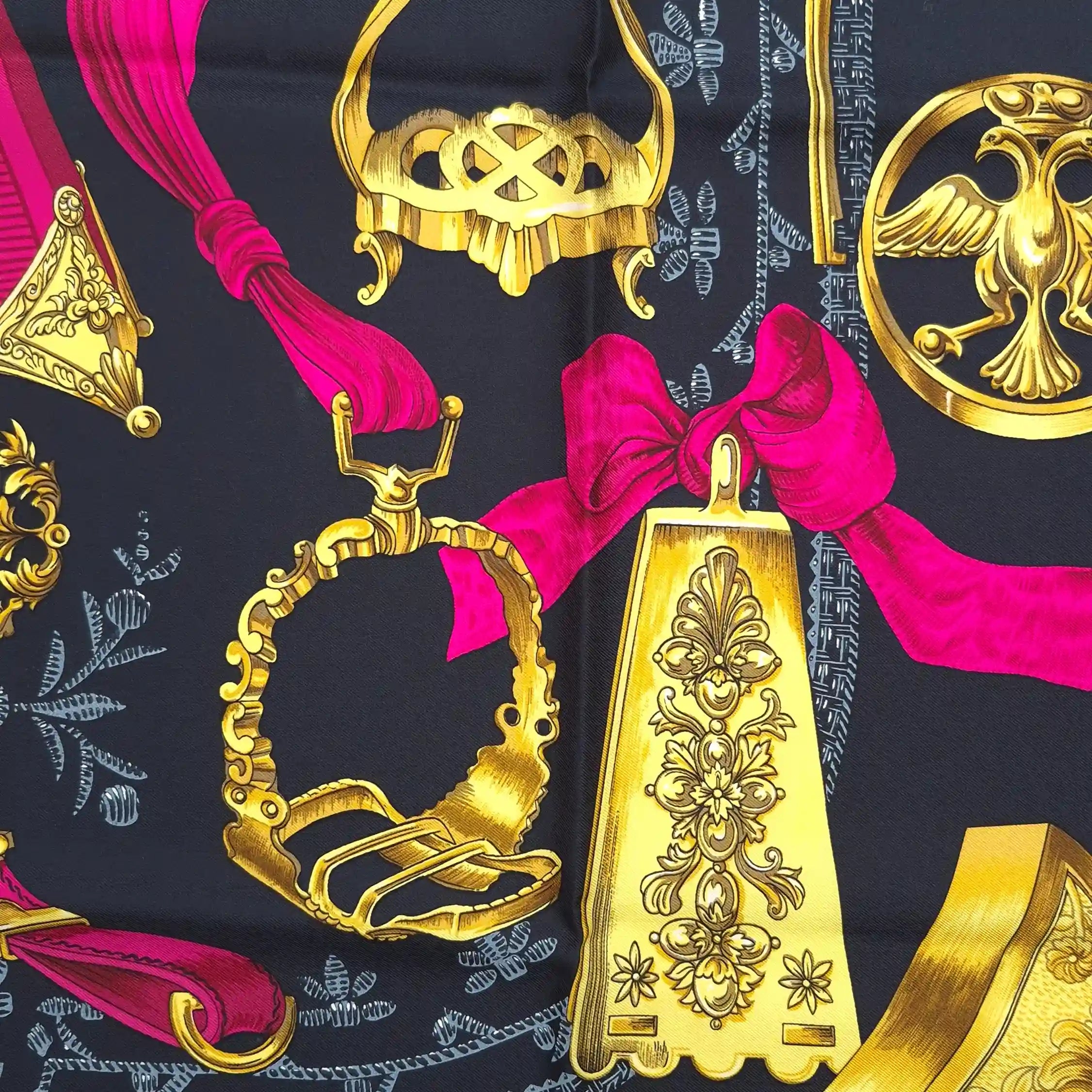 hermes etriers francoise de la perriere silk scarf black pink gold stirrups equestrian