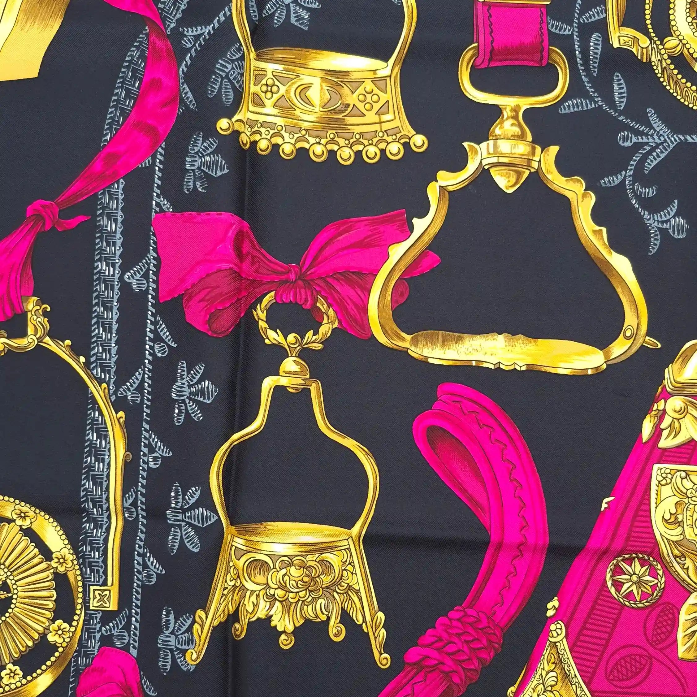 hermes etriers francoise de la perriere silk scarf black pink gold stirrups equestrian
