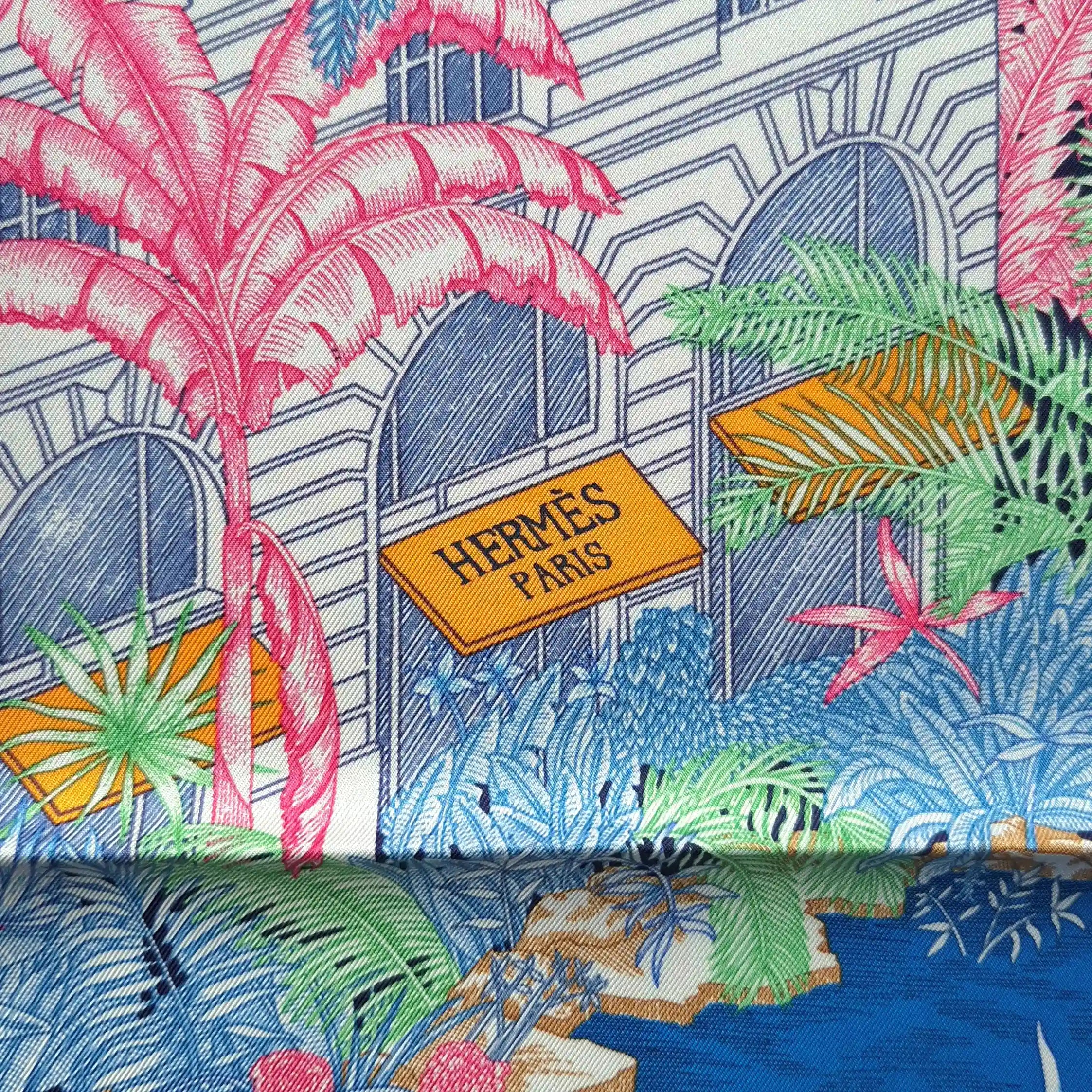 hermes faubourg tropical silk scarf blue sky pink green jungle boutique detail
