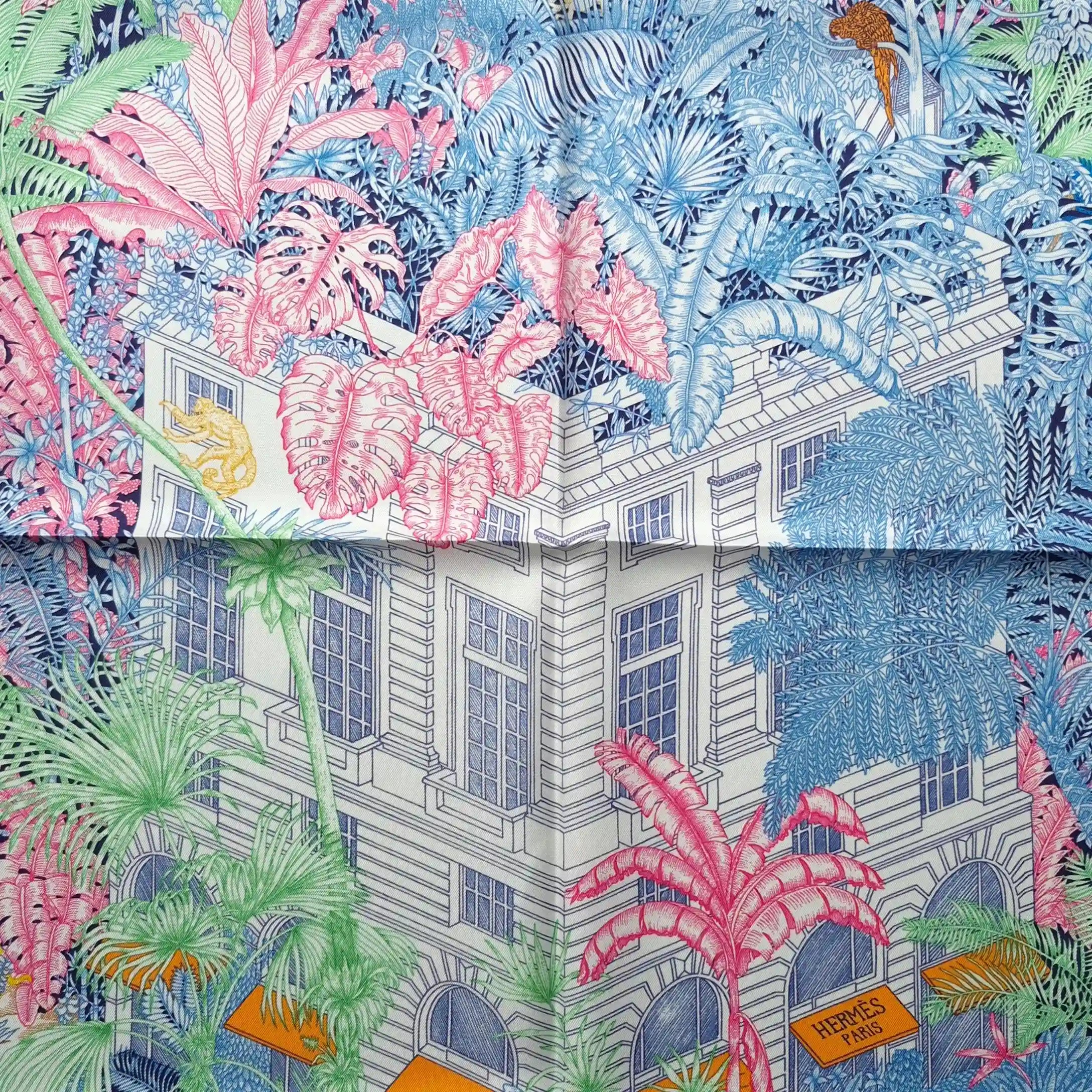 hermes faubourg tropical silk scarf blue sky pink green jungle boutique detail