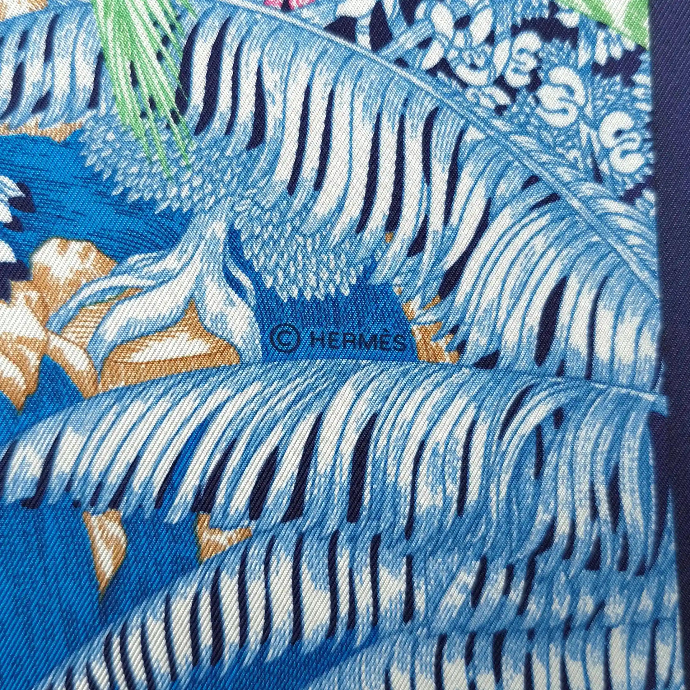 hermes faubourg tropical silk scarf blue sky pink green jungle boutique detail
