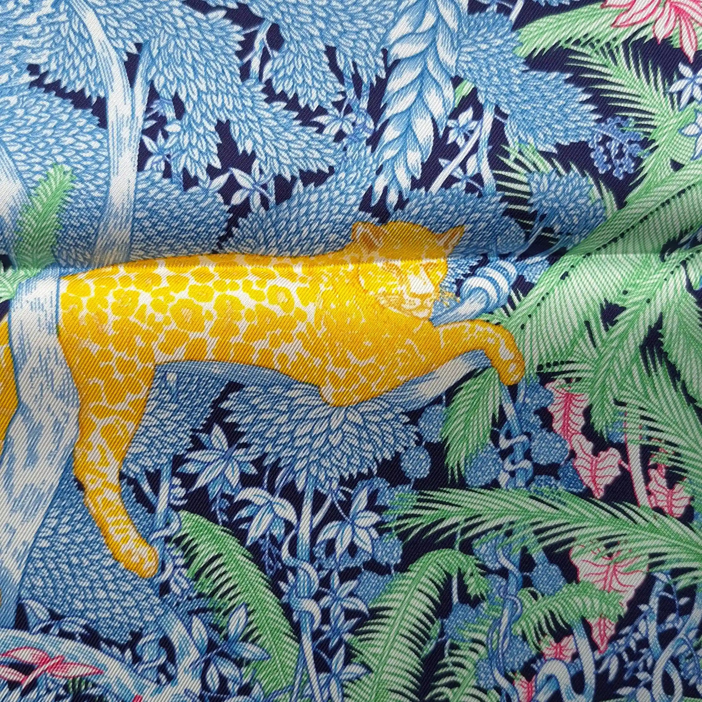 hermes faubourg tropical silk scarf blue sky pink green jungle boutique detail