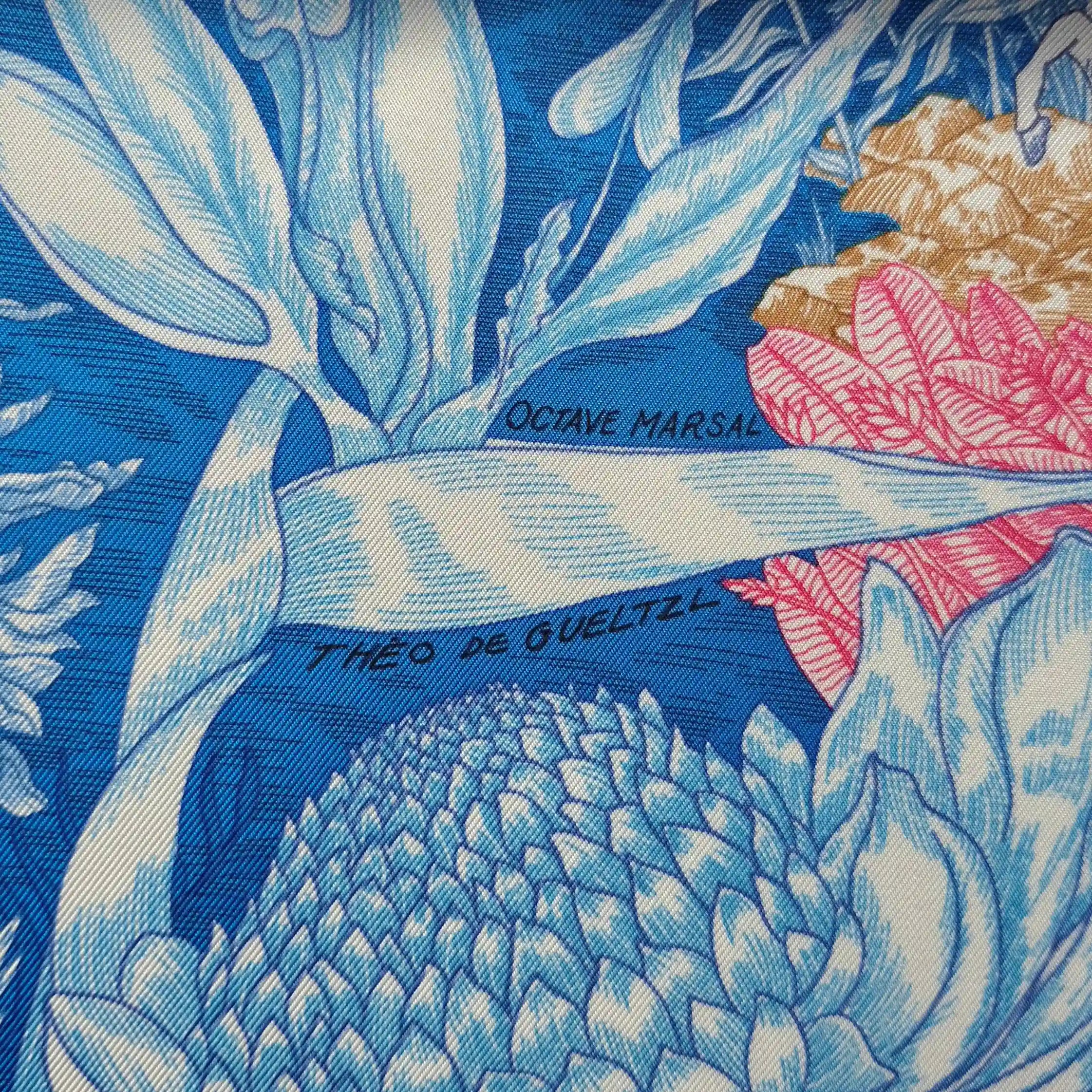 hermes faubourg tropical silk scarf blue sky pink green jungle boutique detail