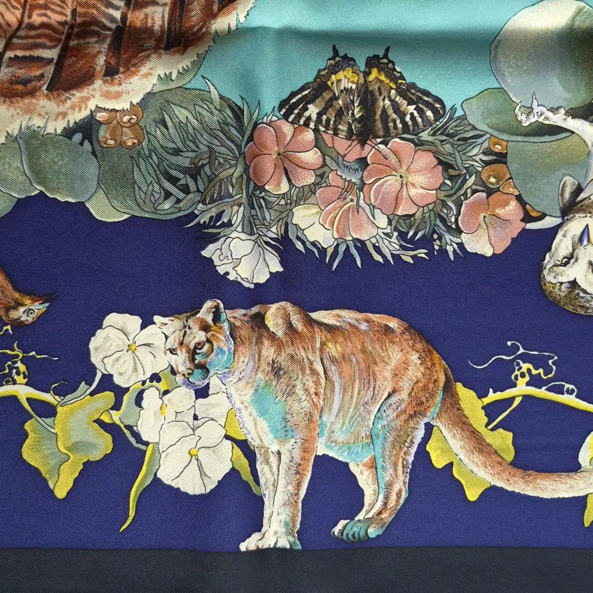 hermes faune et flore du texas kermit oliver 1987 silk scarf blue navy wildlife detail