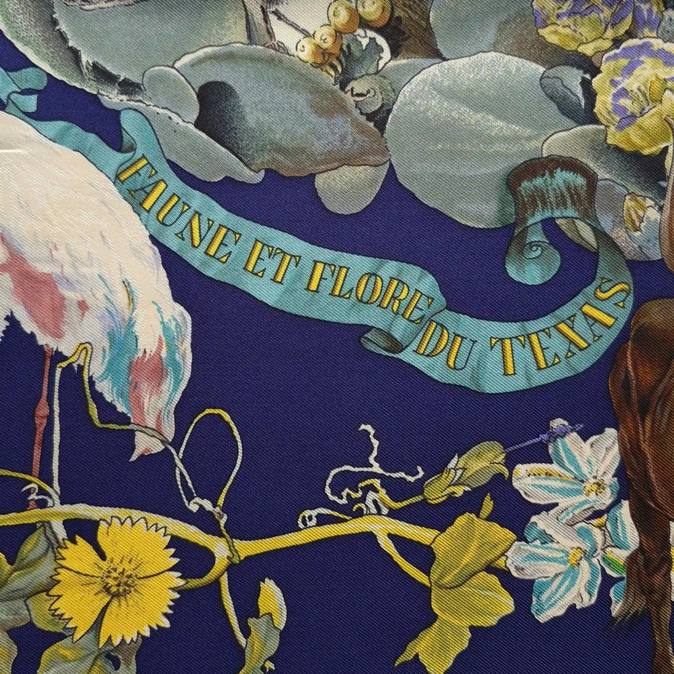 hermes faune et flore du texas kermit oliver 1987 silk scarf blue navy wildlife detail