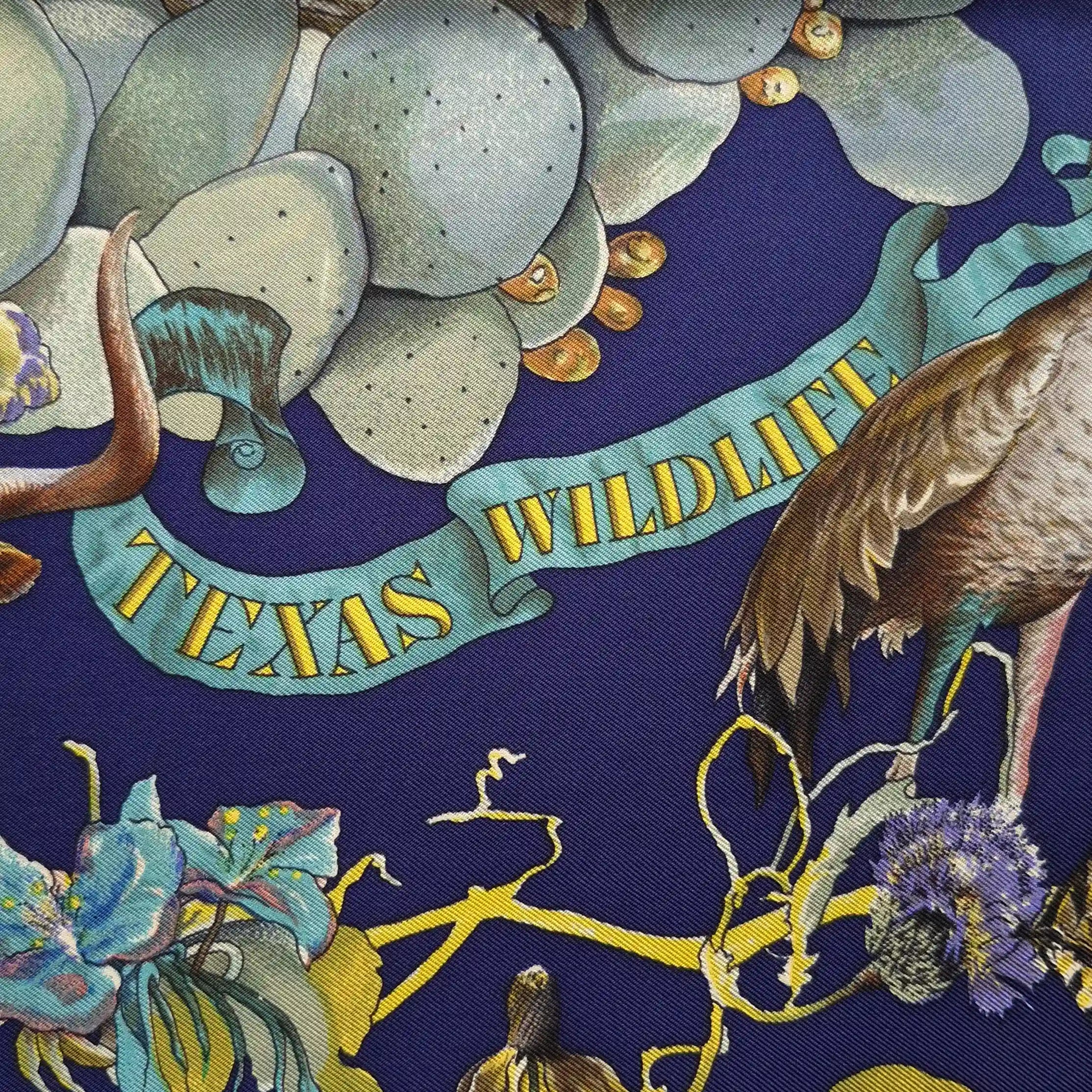 hermes faune et flore du texas kermit oliver 1987 silk scarf blue navy wildlife detail