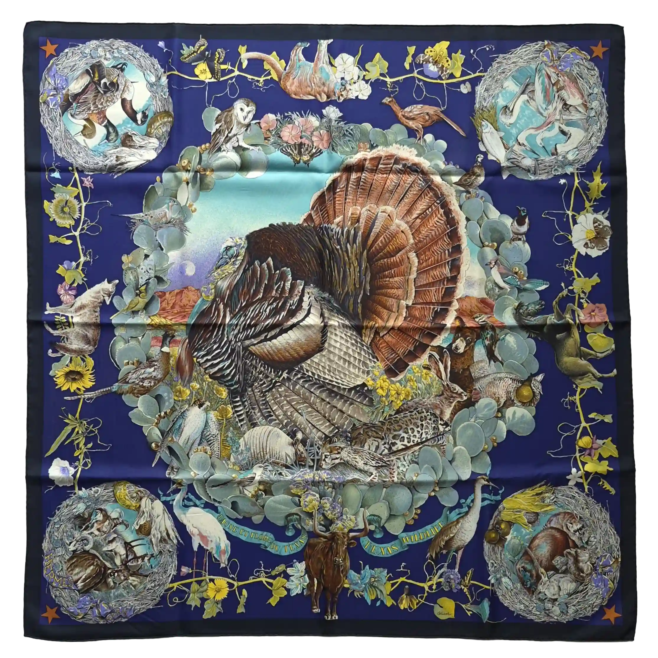 hermes faune et flore du texas kermit oliver 1987 silk scarf blue navy wildlife