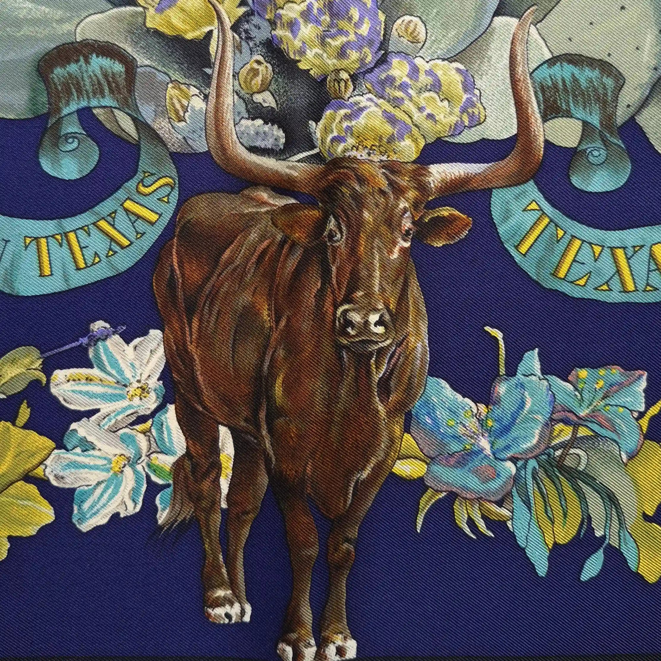 hermes faune et flore du texas kermit oliver 1987 silk scarf blue navy wildlife detail
