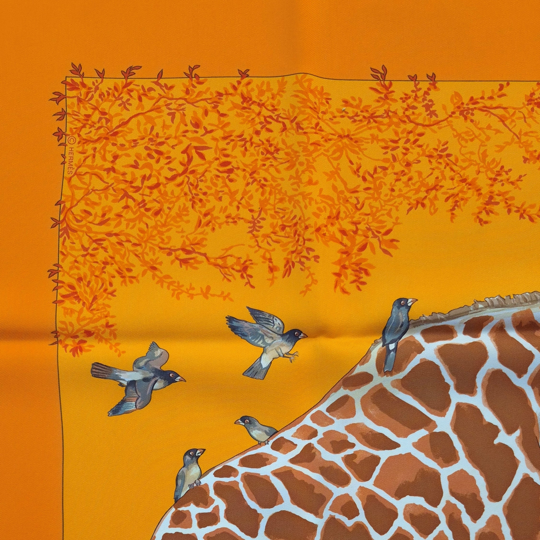 hermes les girafes robert dallet silk scarf orange giraffes savanna detail
