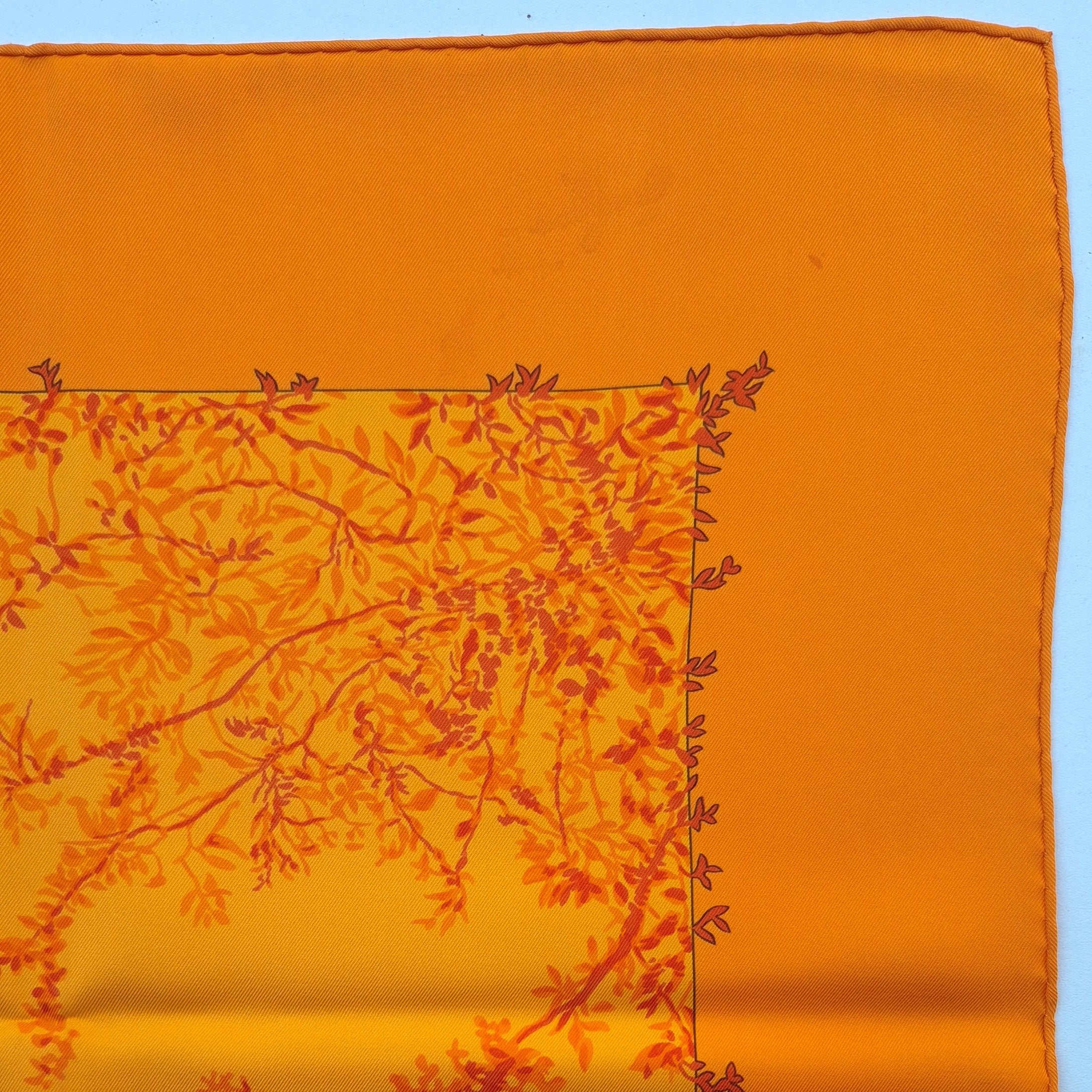 hermes les girafes robert dallet silk scarf orange giraffes savanna detail