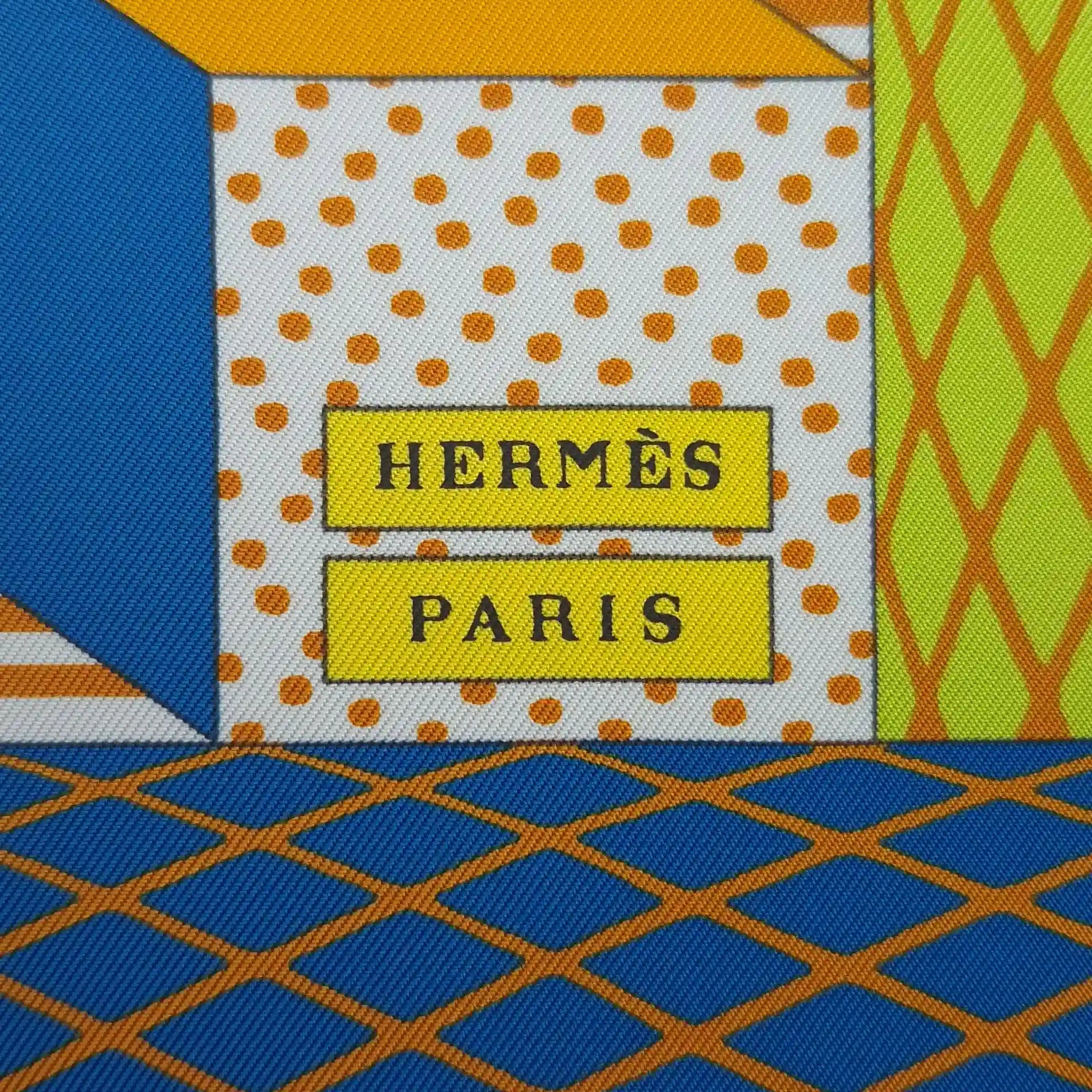 Hermès Grand Théâtre Nouveau silk scarf by Giampolo Pagni 2022 – yellow colorway – baroque scene with exotic animals, ornamental architecture and geometric shapes