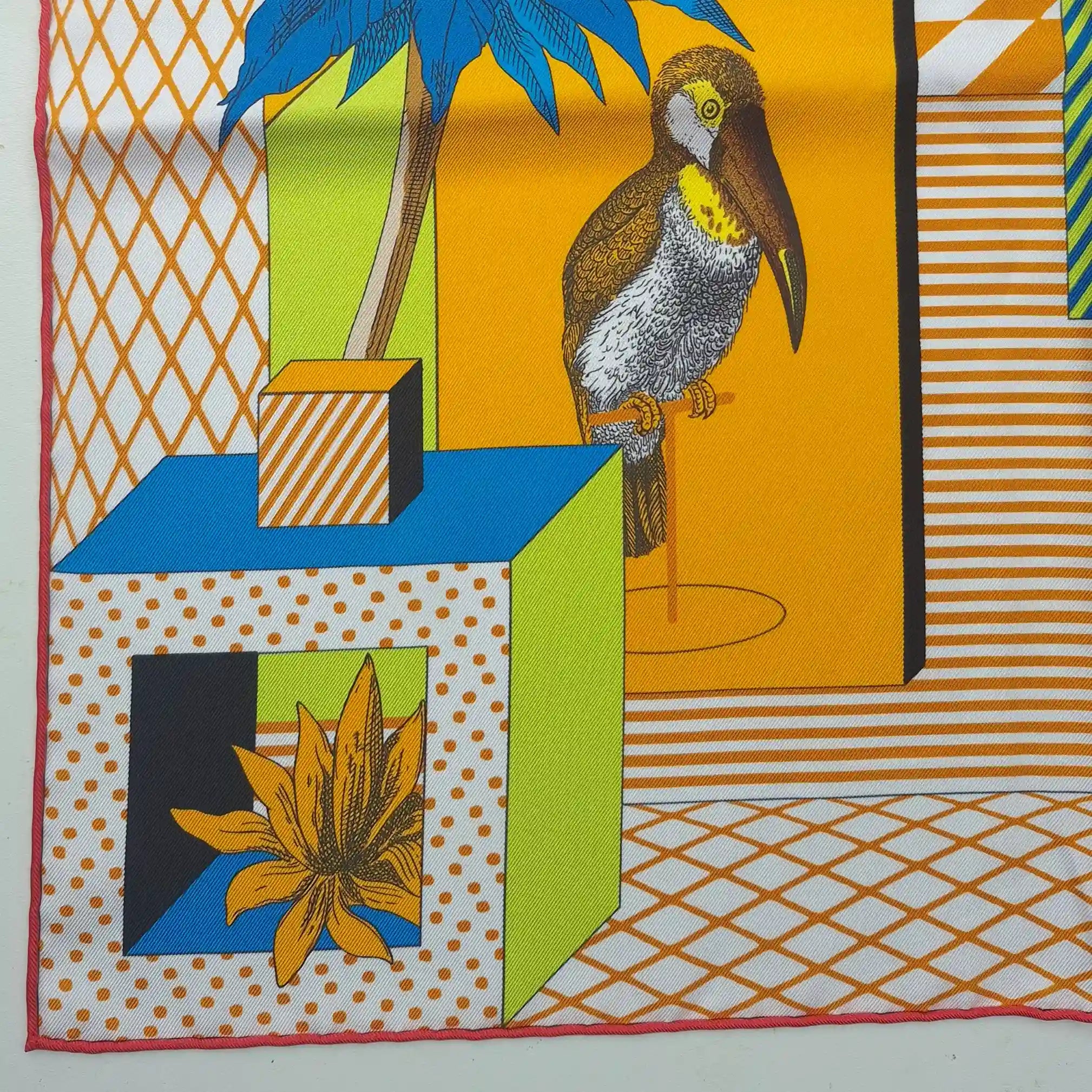 Hermès Grand Théâtre Nouveau silk scarf by Giampolo Pagni 2022 – yellow colorway – baroque scene with exotic animals, ornamental architecture and geometric shapes