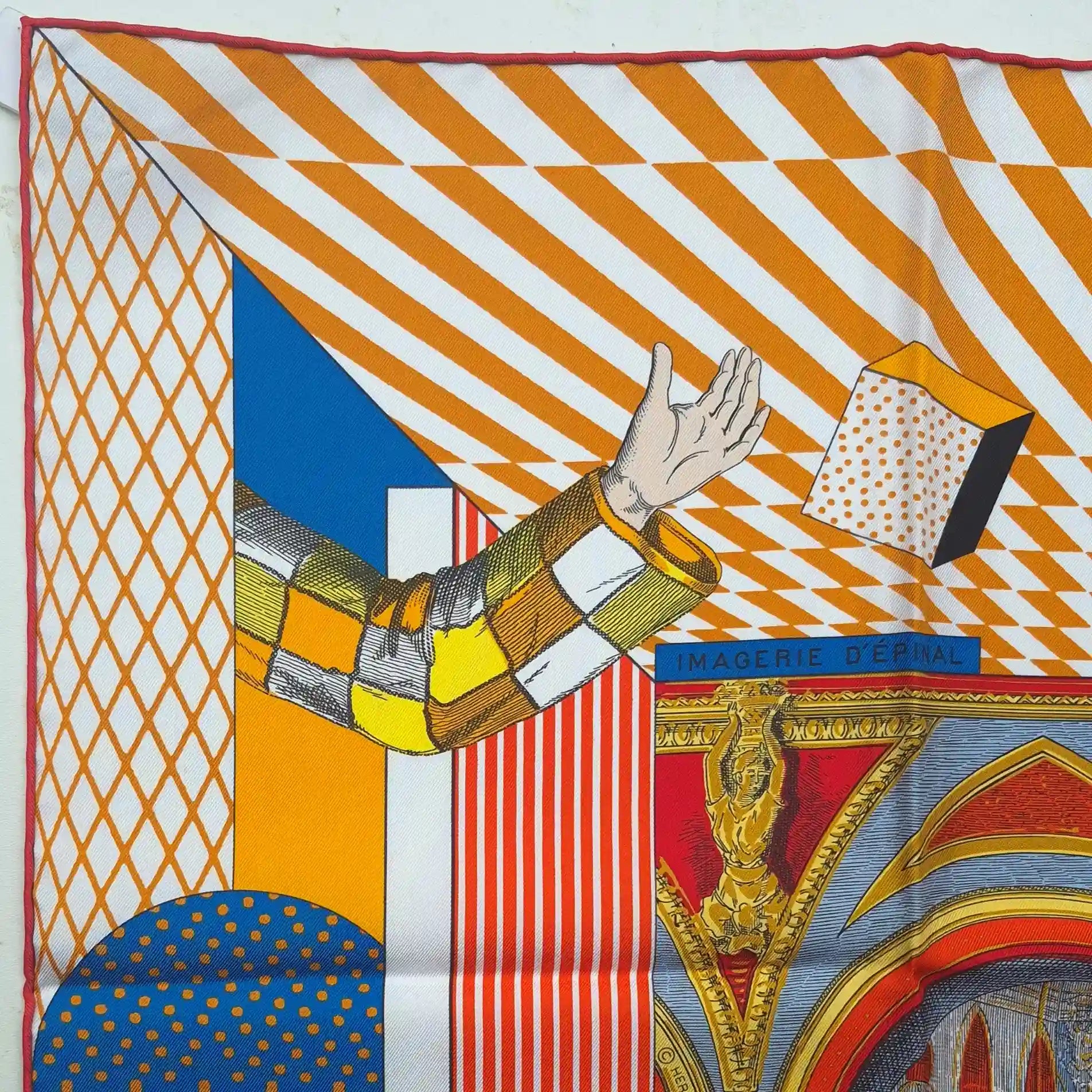 Hermès Grand Théâtre Nouveau silk scarf by Giampolo Pagni 2022 – yellow colorway – baroque scene with exotic animals, ornamental architecture and geometric shapes