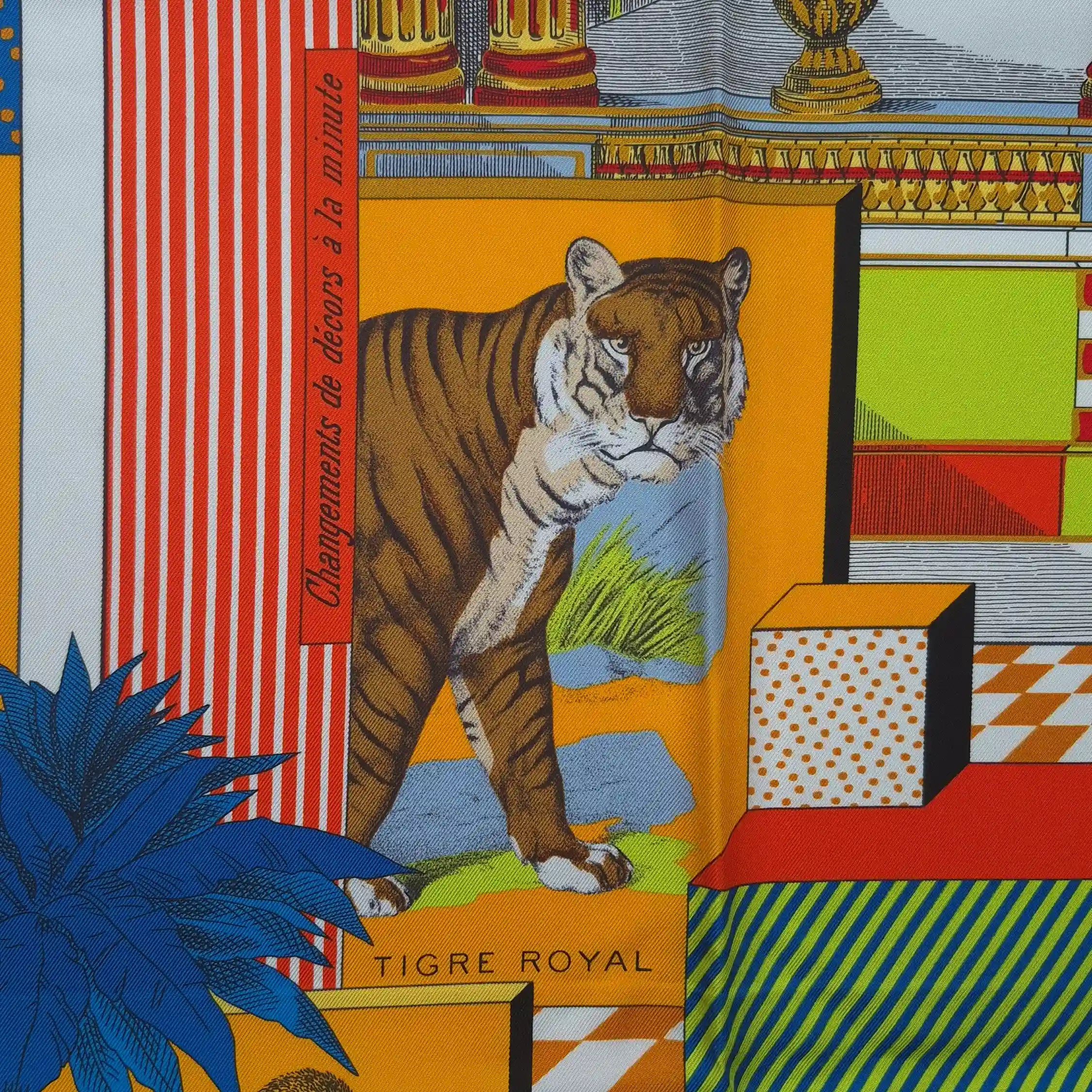 Hermès Grand Théâtre Nouveau silk scarf by Giampolo Pagni 2022 – yellow colorway – baroque scene with exotic animals, ornamental architecture and geometric shapes