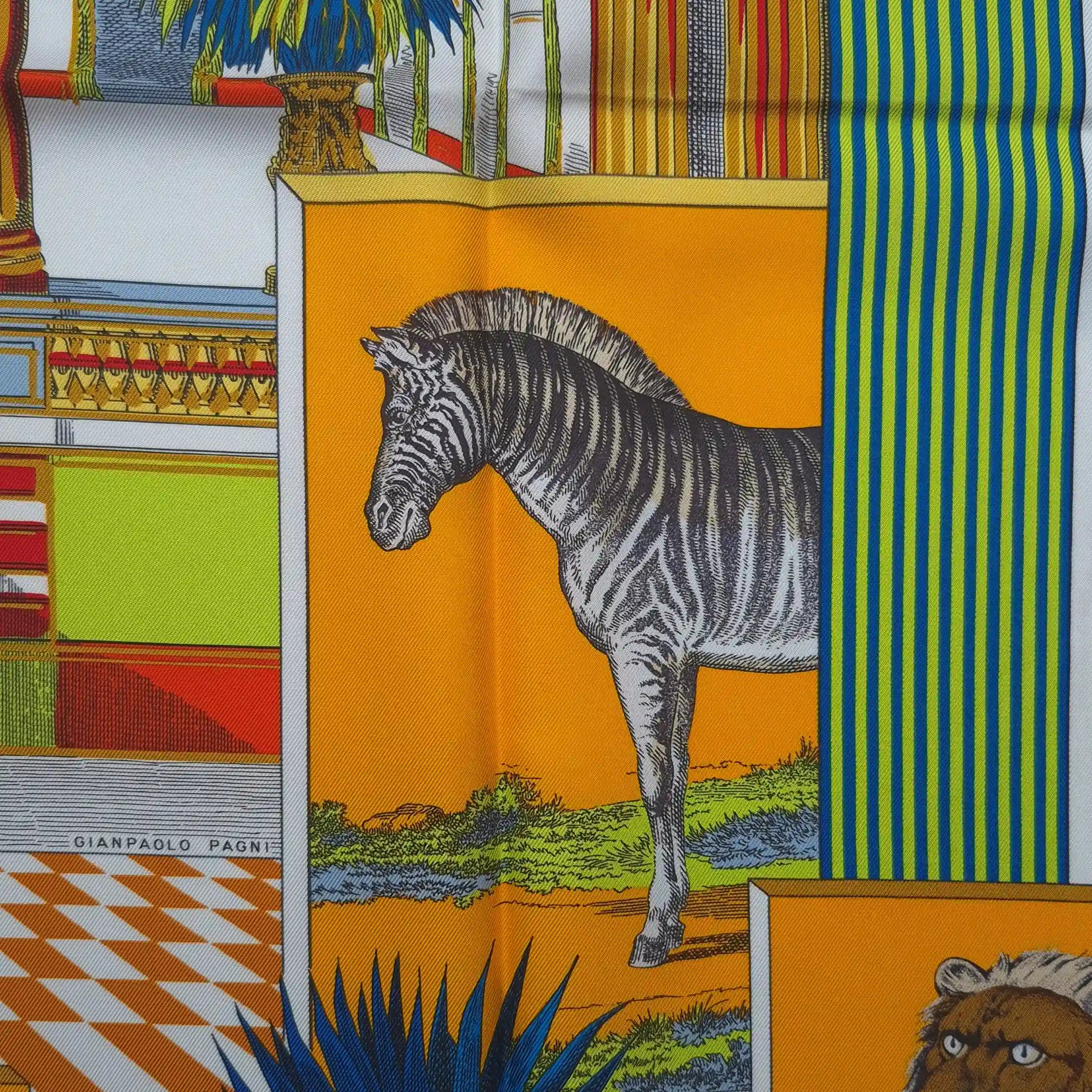 Hermès Grand Théâtre Nouveau silk scarf by Giampolo Pagni 2022 – yellow colorway – baroque scene with exotic animals, ornamental architecture and geometric shapes