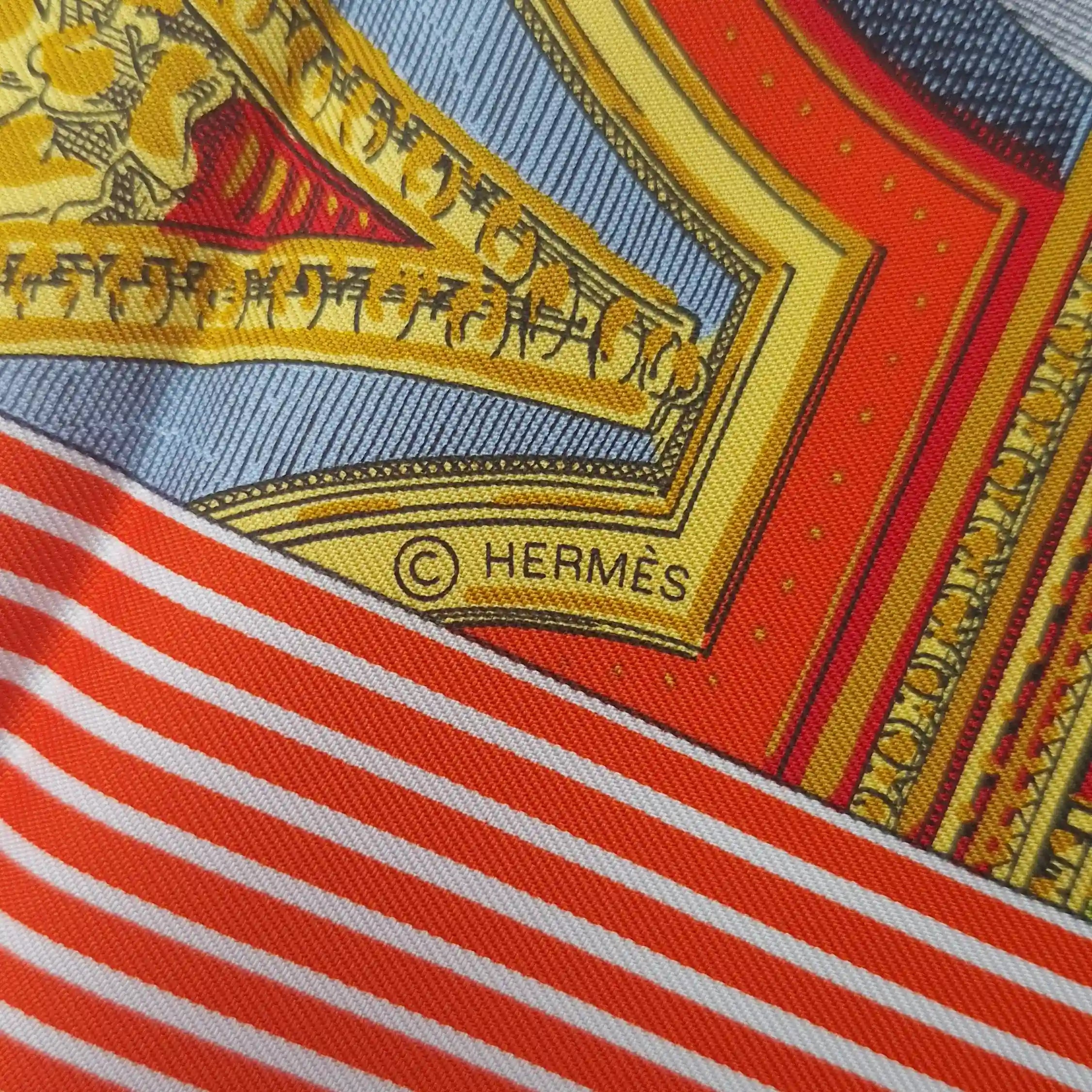 Hermès Grand Théâtre Nouveau silk scarf by Giampolo Pagni 2022 – yellow colorway – baroque scene with exotic animals, ornamental architecture and geometric shapes