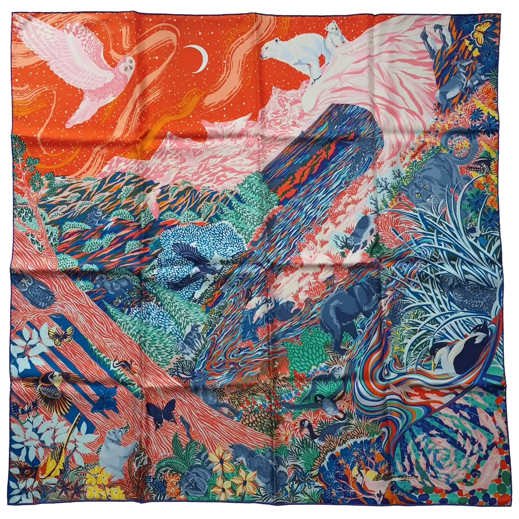 hermes into the canadian wild alice shirley silk scarf red blue canadian wilderness