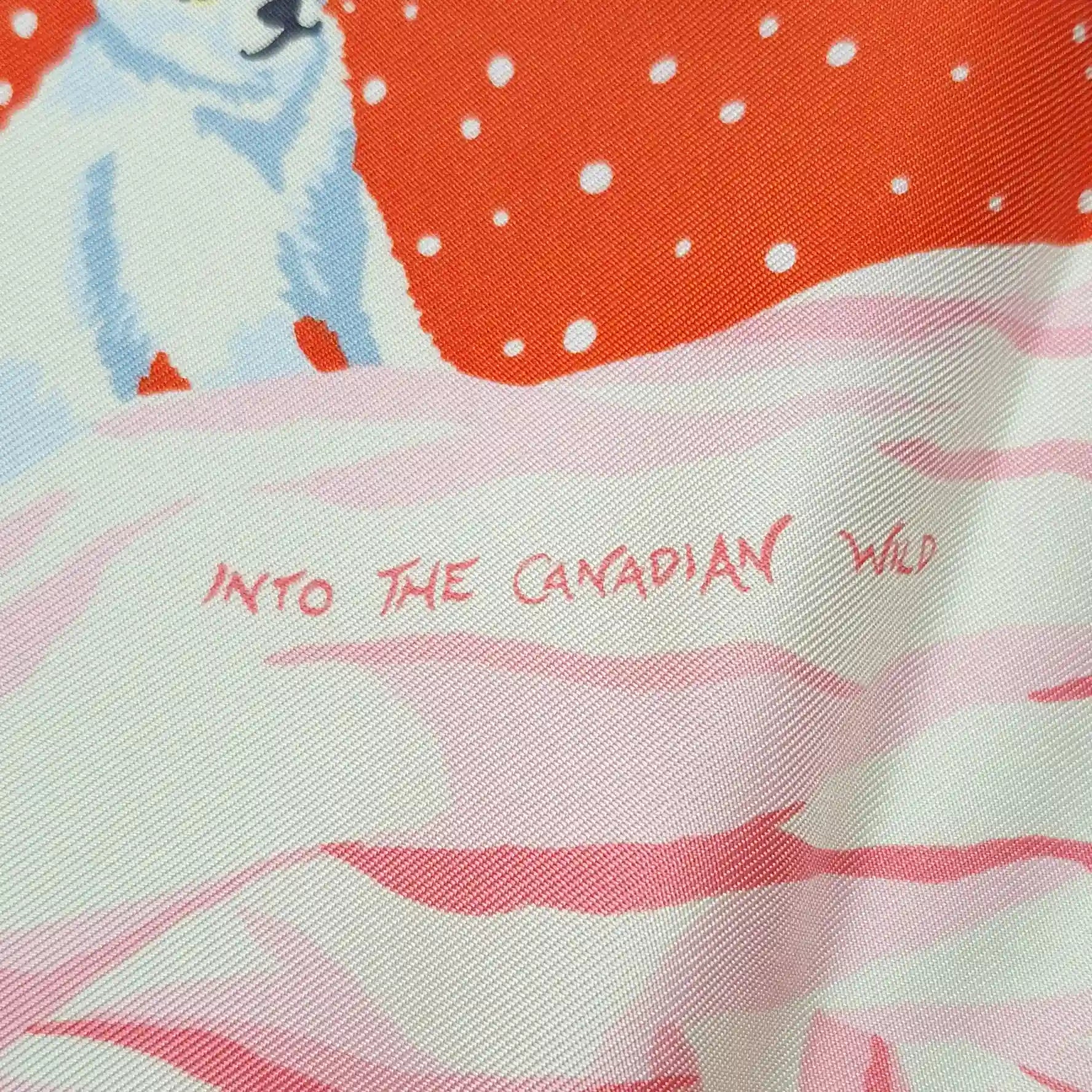 hermes into the canadian wild alice shirley silk scarf red blue canadian wilderness detail