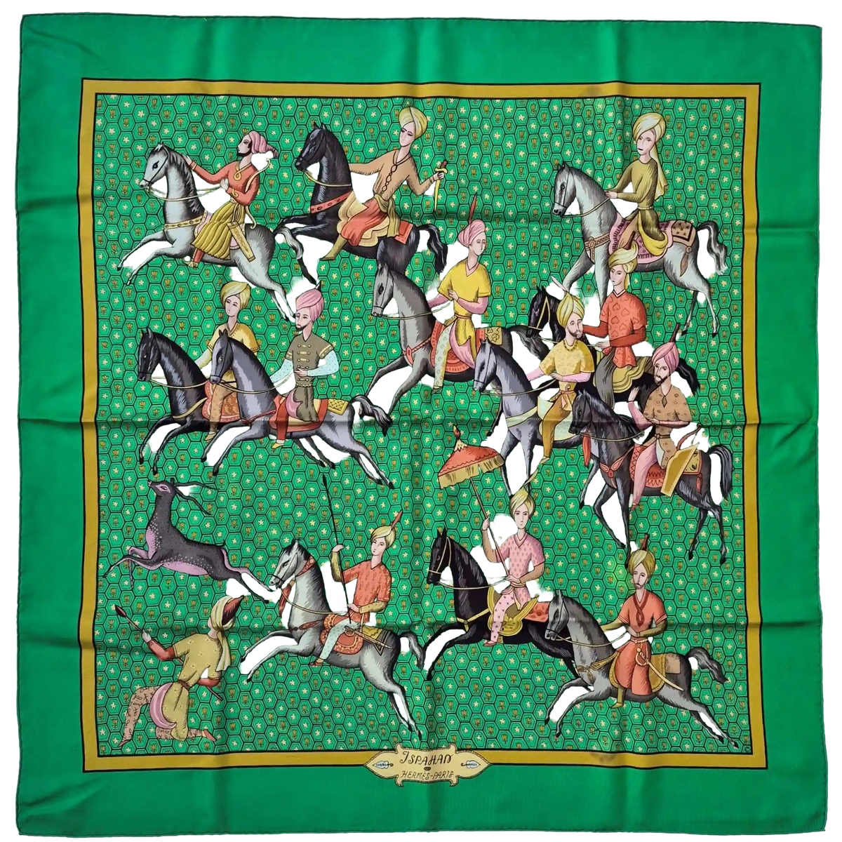 hermes ispahan maurice tranchant silk scarf green multicolor persian cavaliers 1966