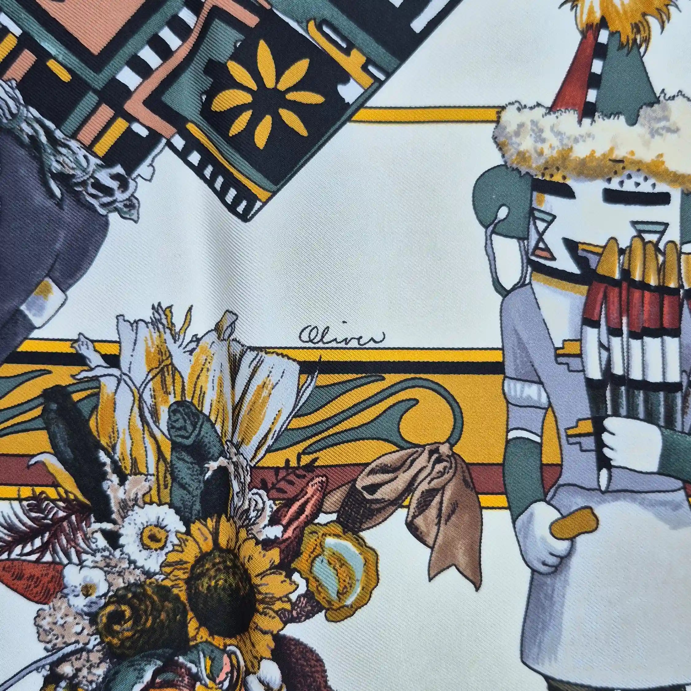 hermes kachina kermit oliver silk scarf ivory multicolor native american hopi zuni
