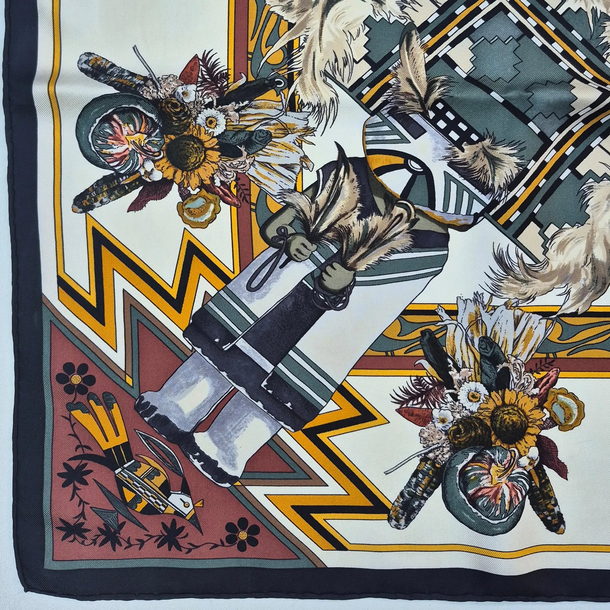 hermes kachina kermit oliver silk scarf ivory multicolor native american hopi zuni