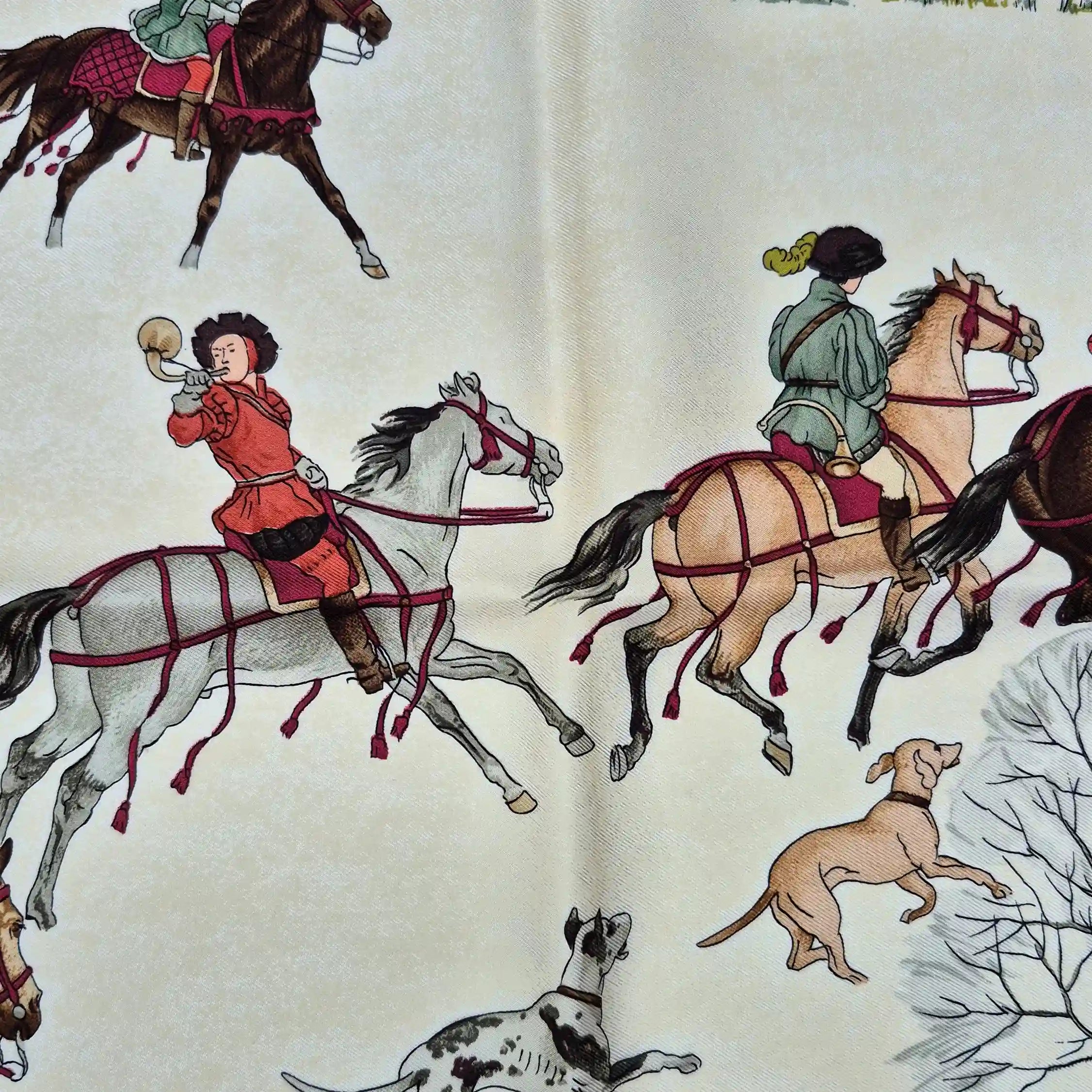 hermes l hiver philippe ledoux silk scarf red white winter hunting scene