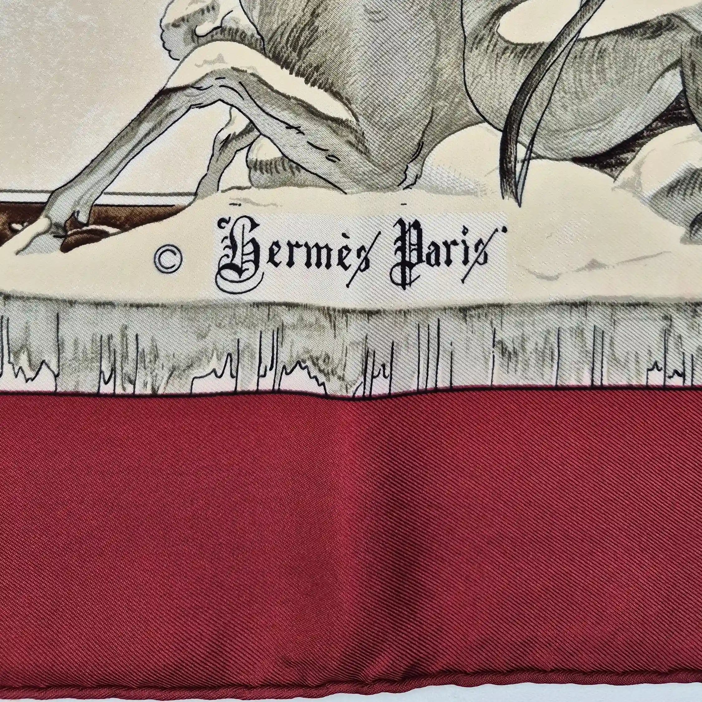 hermes l hiver philippe ledoux silk scarf red white winter hunting scene
