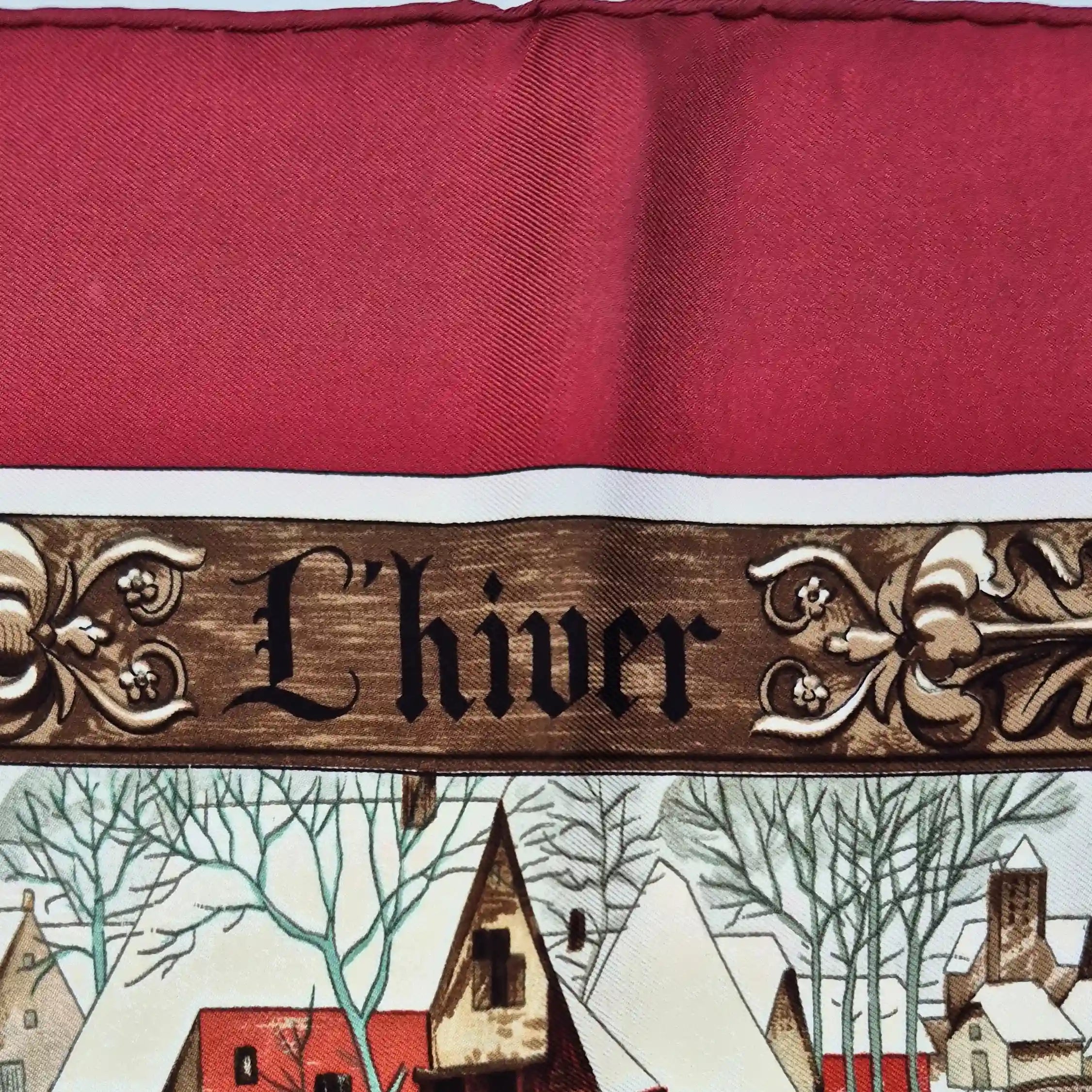 hermes l hiver philippe ledoux silk scarf red white winter hunting scene