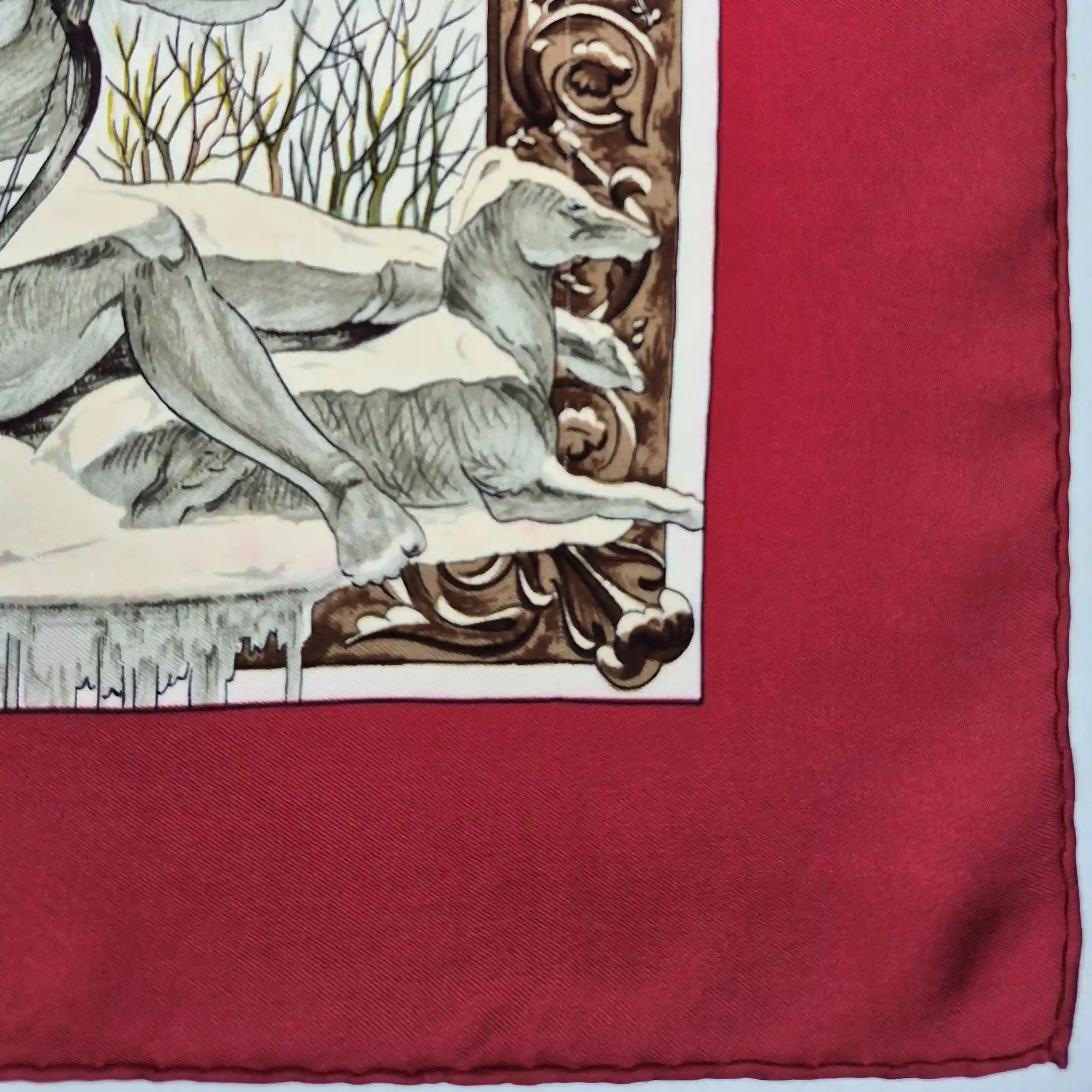 hermes l hiver philippe ledoux silk scarf red white winter hunting scene