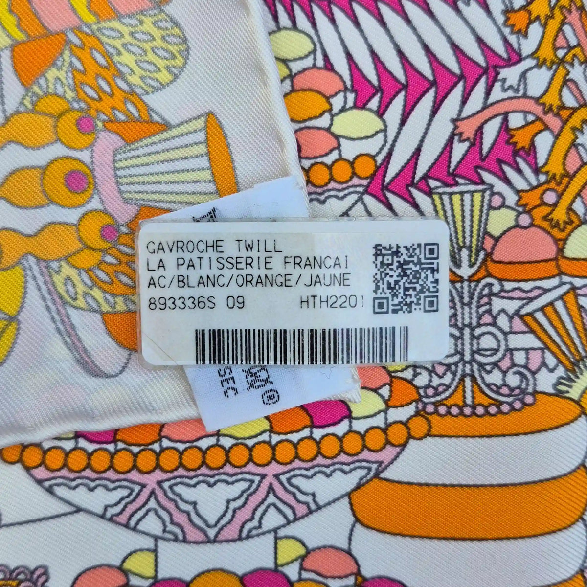 hermes la patisserie francaise pierre marie gavroche silk scarf white orange pink pastry cakes
