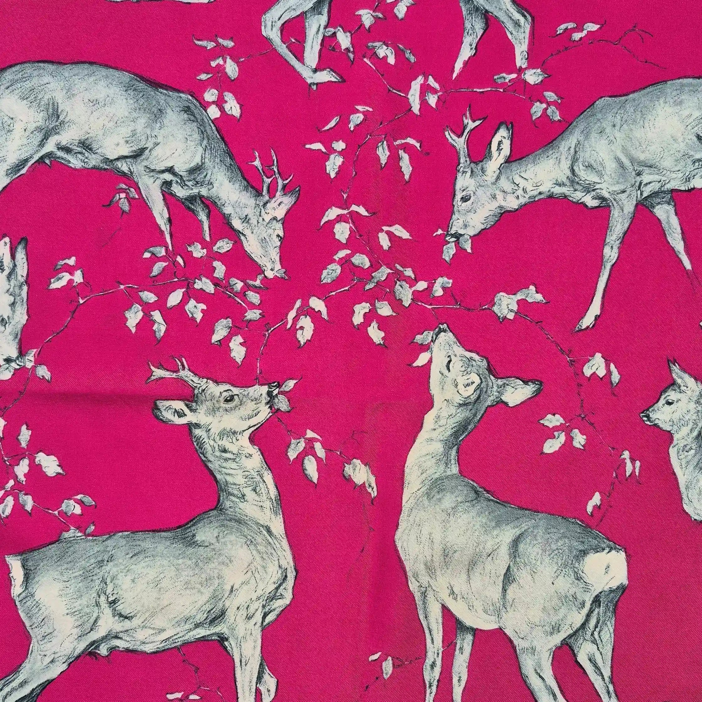 hermes les biches xavier de poret silk scarf fuchsia ivory deer naturalist 1957